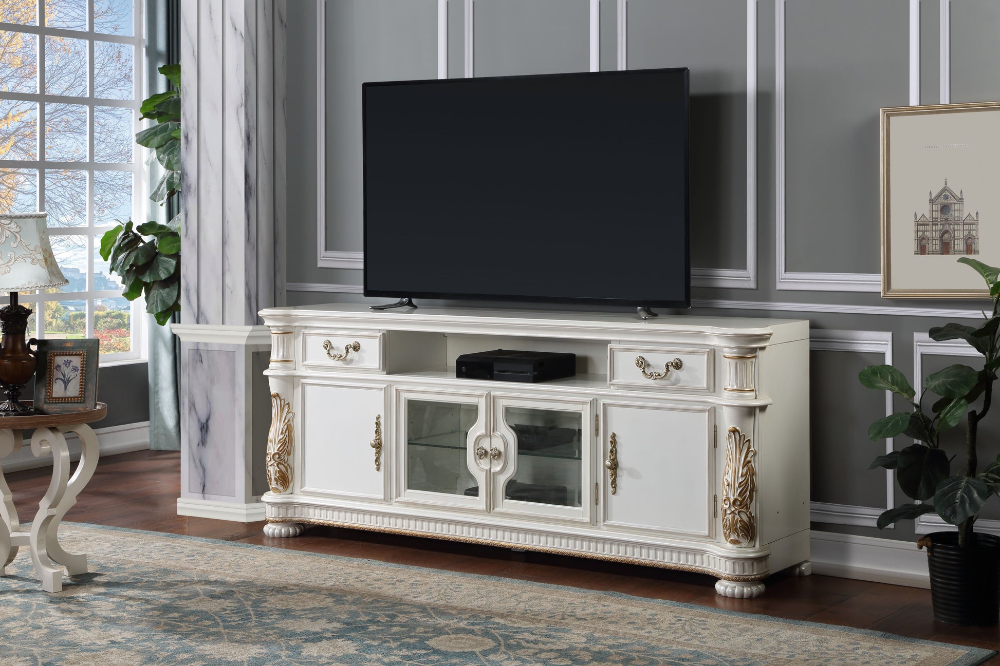 Vendome Tv Stand, Antique Pearl Finish Lv01521 White 80 89 Inches Wood