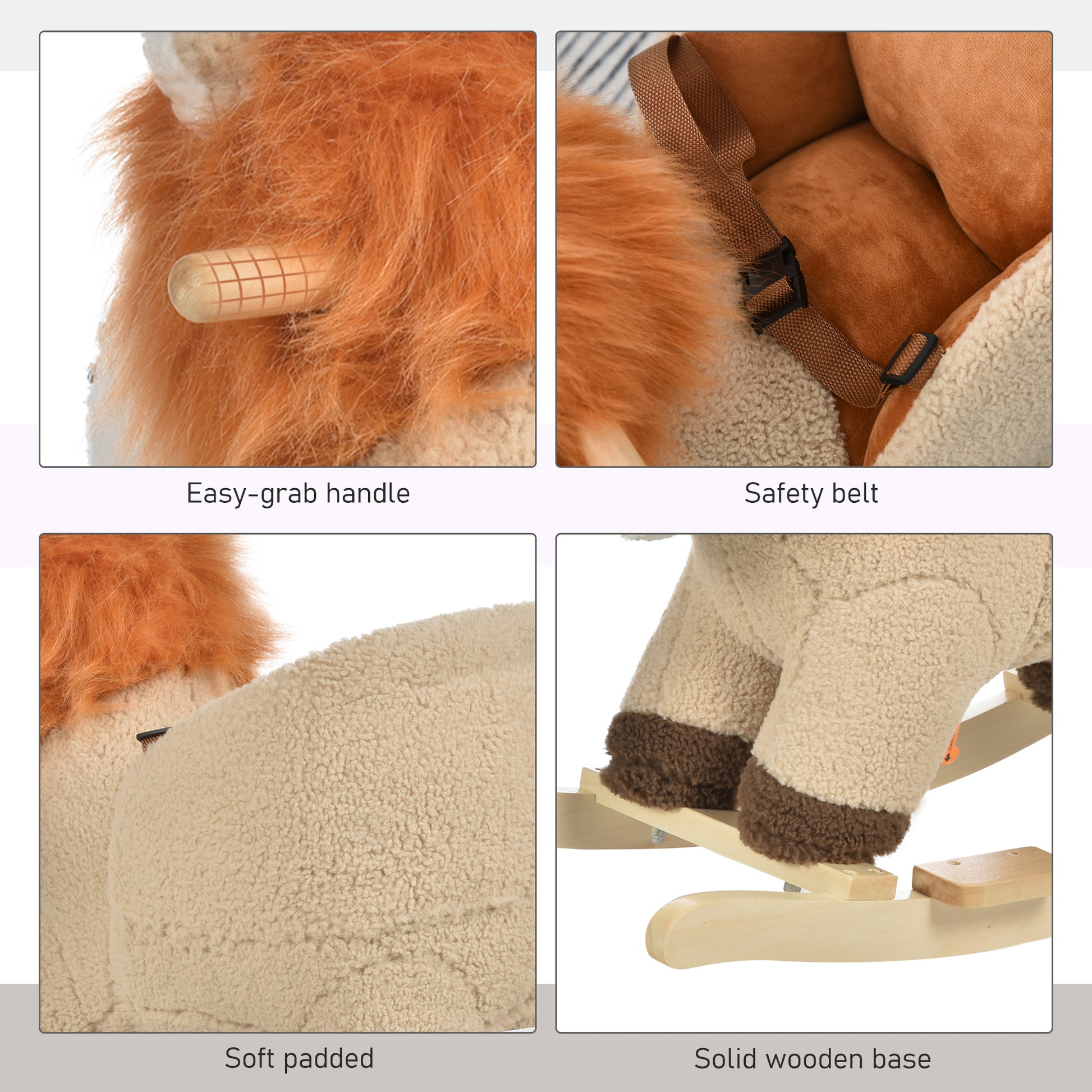 Qaba Baby Rocking Horse Lion With Sound, Plush Stuffed Rocking Animals, Wooden Rocking Horse With Seat Belt For 18 36 Months Boys And Girls Gift, Brown Brown Plush