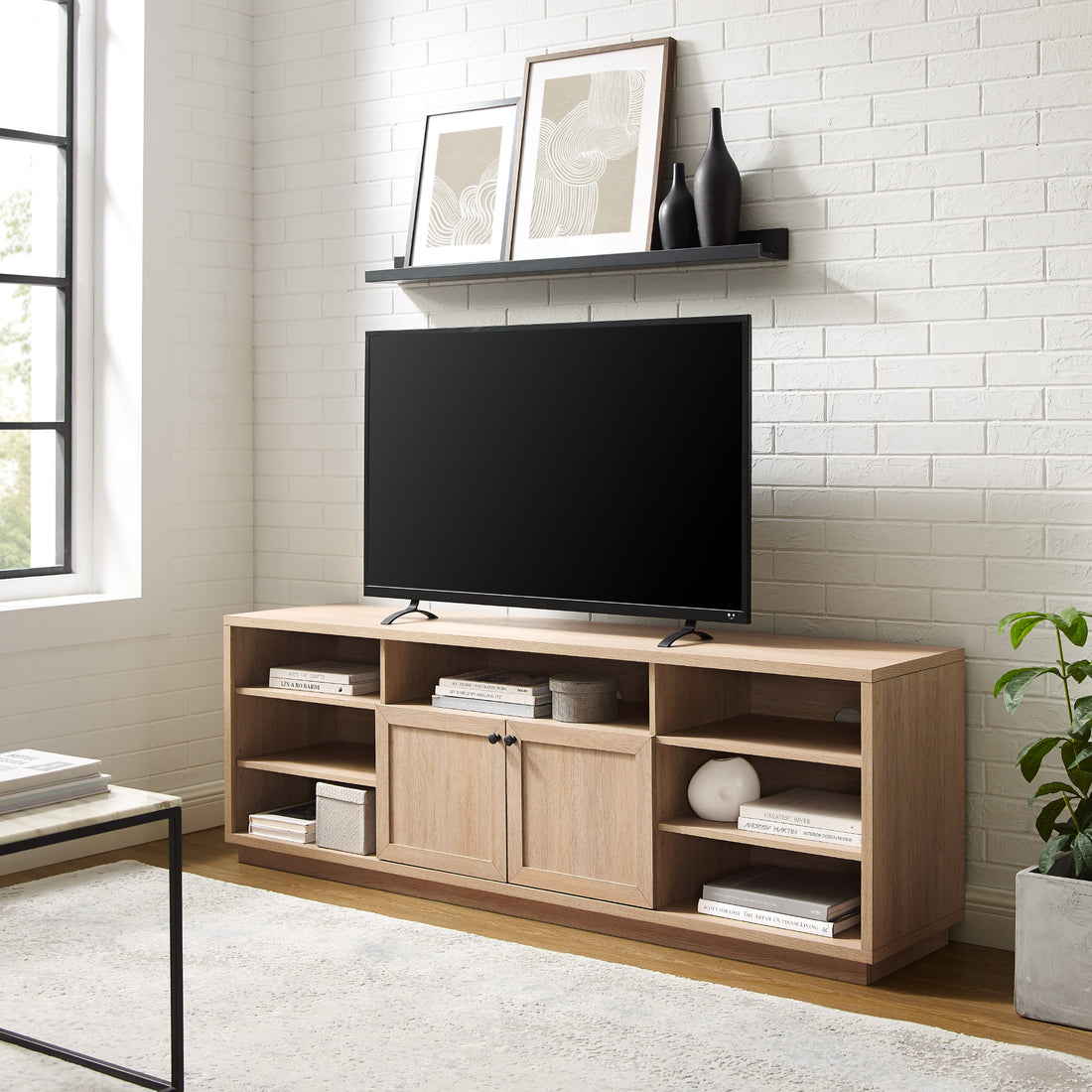 Classic 2 Door Storage Tv Stand For Tvs Up To 75 Inches Coastal Oak Light Brown 70 79 Inches Mdf Mdf