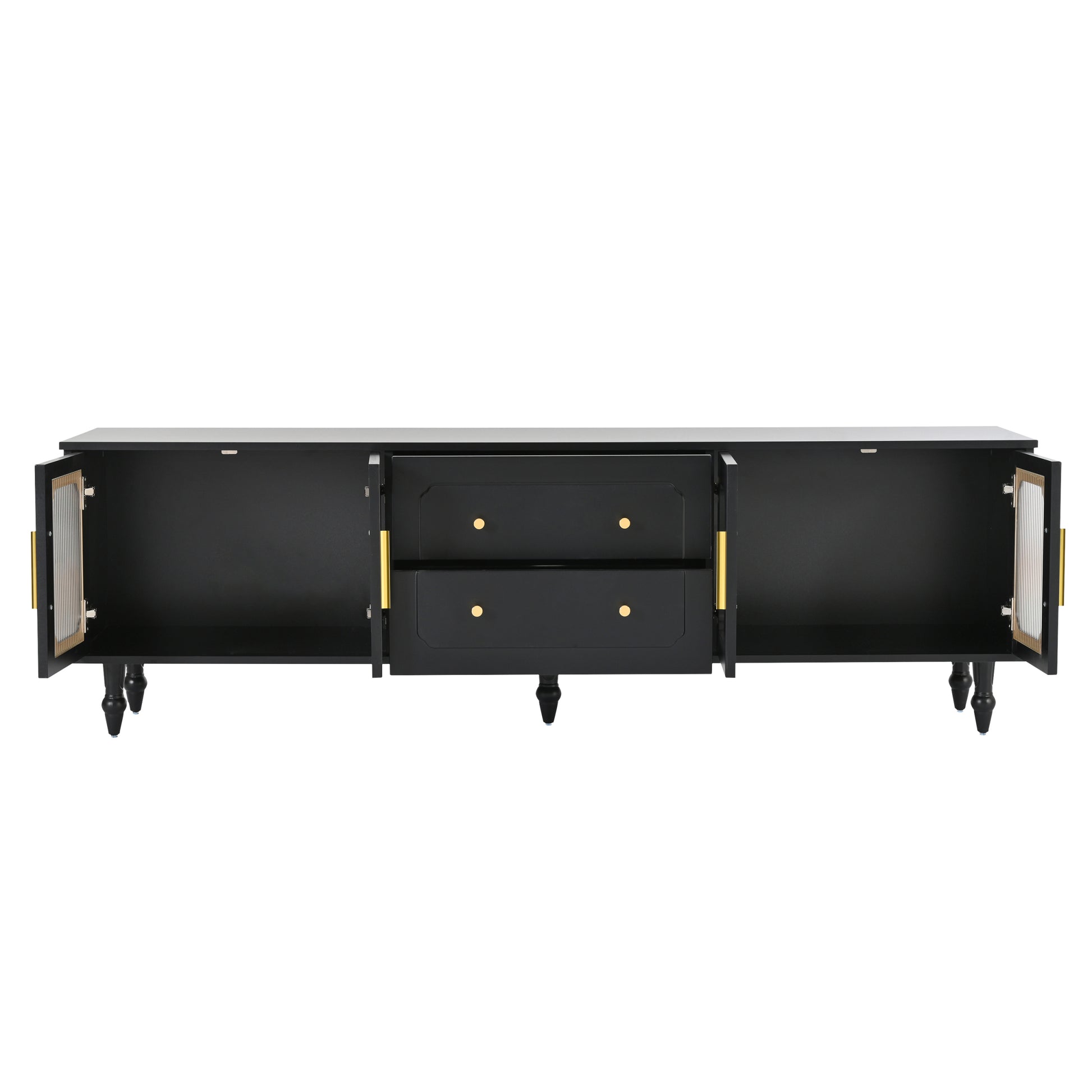 Retro Design Tv Stand With Fluted Glass Doors For Tvs Up To 78'', Practical Media Console With 2 Drawers And Cabinets, Elegant Entertainment Center For Living Room, Black Black Primary Living Space 70 79 Inches 70 79 Inches Particle Board