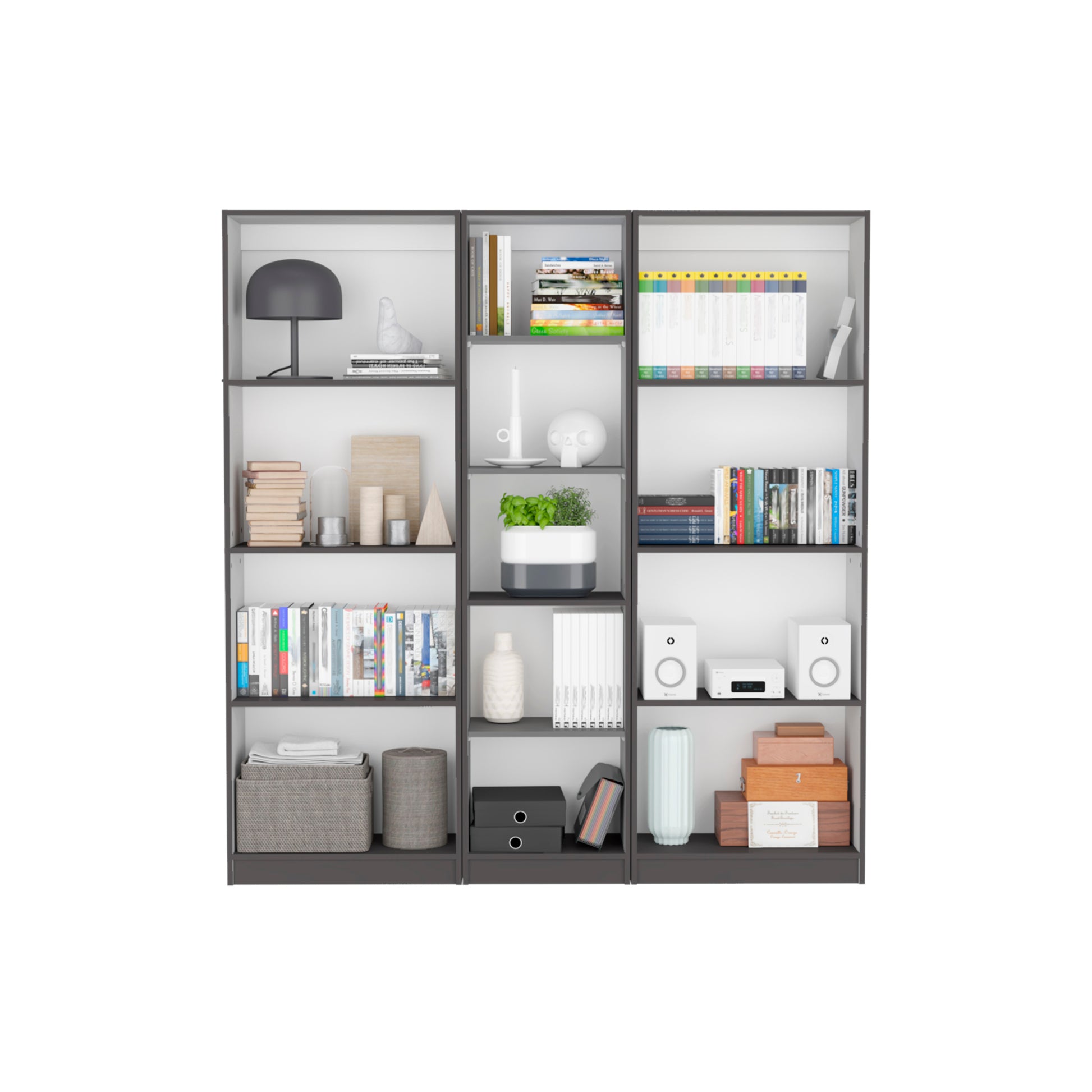 Durant 3 Piece Home Bookcase Set, 67" Wide With 13 Shelvesliving Room Set Set Matt Gray White Freestanding 5 Or More Shelves Multicolor,White Gray Office Open Storage Space Modern Particle Board