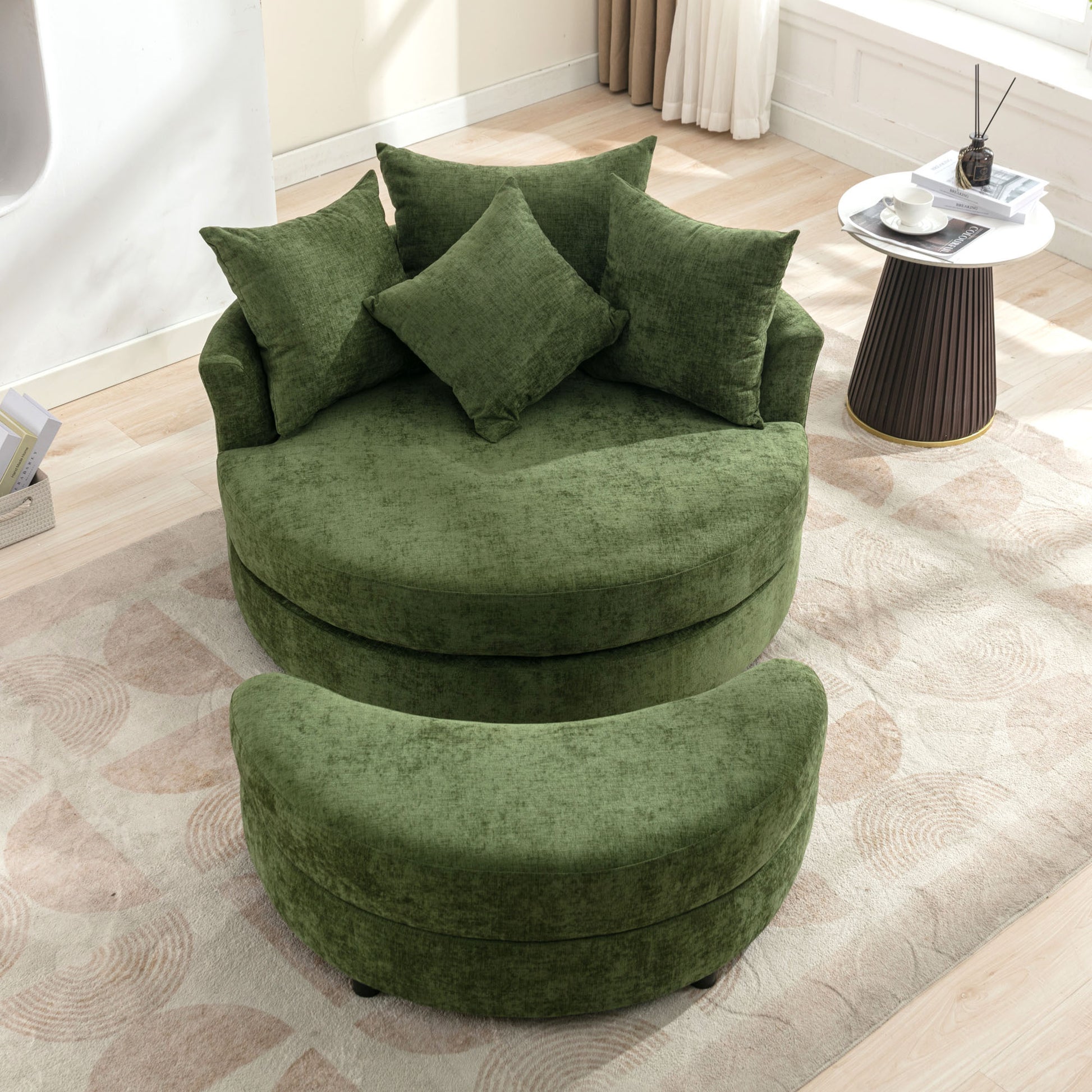 Orisfur. 360 Swivel Accent Barrel Chair With Storage Ottoman & 4 Pillows, Modern Chenille Leisure Chair Round Accent For Living Room, Green Green Foam Chenille