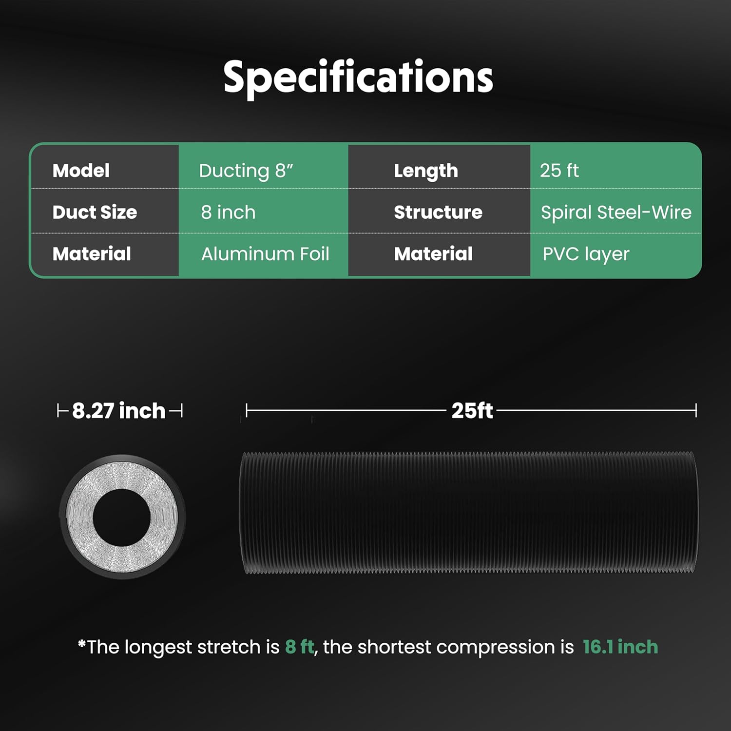 Dryer Vent Hose, 8" Insulated Flexible Duct 25Ft With 2 Clamps, Heavy Duty Four Layer Protection For Heating Cooling Ventilation And Exhaust, Black Black Pvc