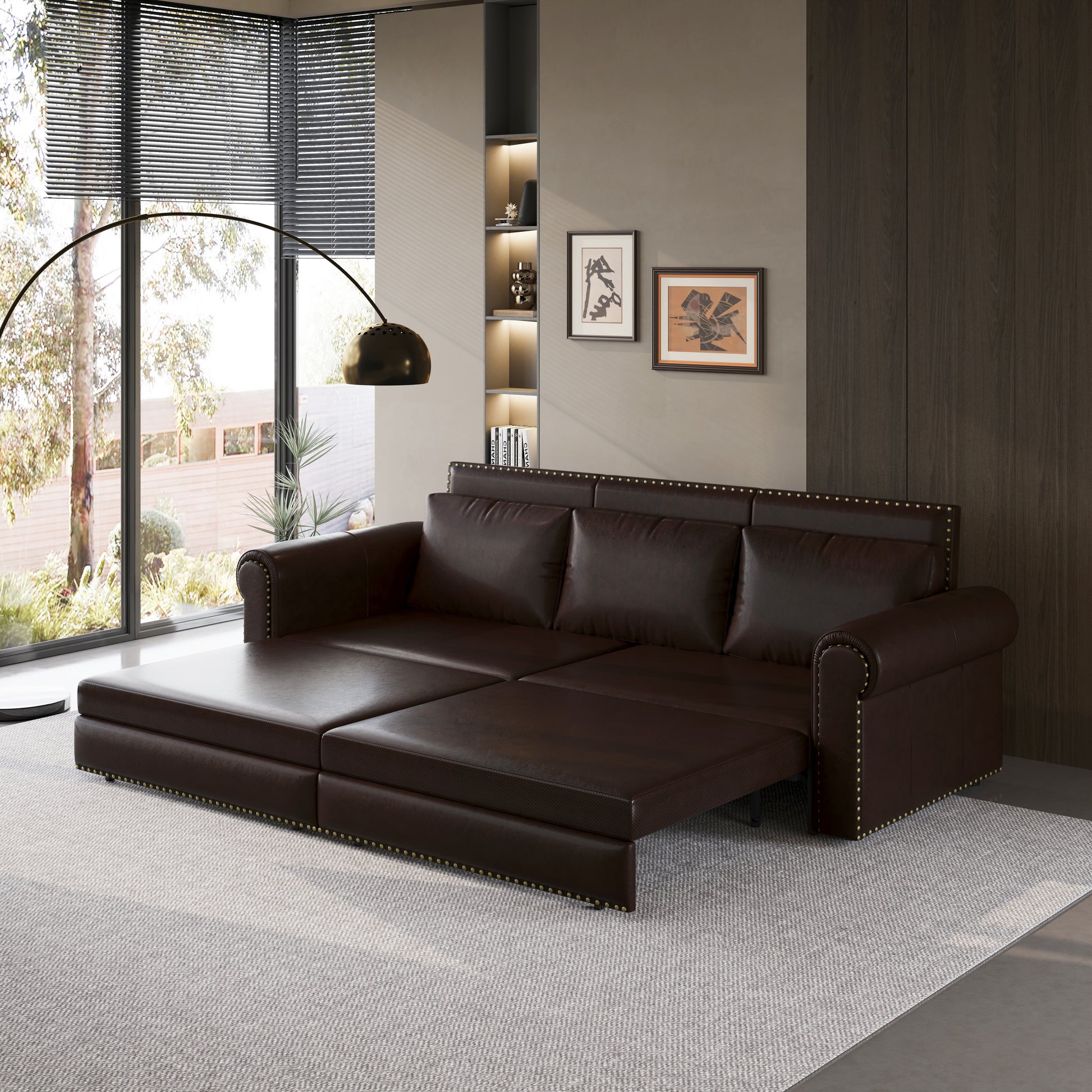 Chesterfield Sofa,93.7" King Pull Out Sofa Bed, 3 In 1 Faux Leather Convertible Sleeper Sofa With Trim & Rolled Arm,Multi Functional Sofa Bed For Living Room,Bedroom,Apartment,Office Dark Brown Faux