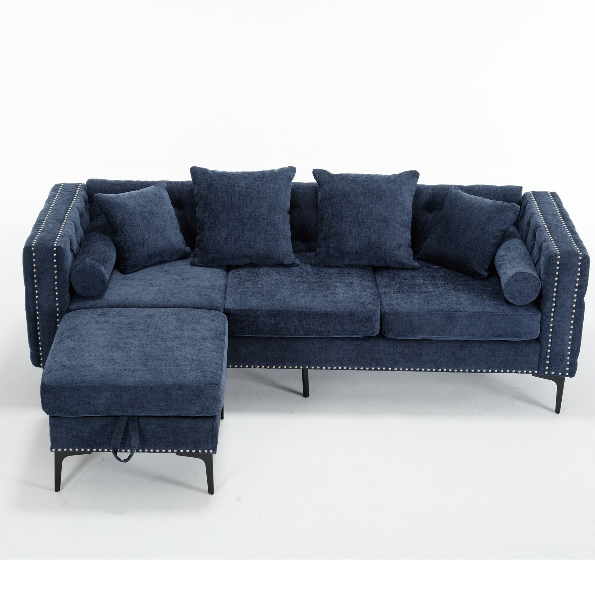 Arrived L Shaped Sectional Sofaconvertible Storage Ottoman,Chenille ,Square Arm, Modern Tufted Couch ,3 Seater, And Nailhead,Blue Blue Polyester Wood Primary Living Space Medium Soft Tufted Back Modern Square Arms Metal & Wood 4 Seat