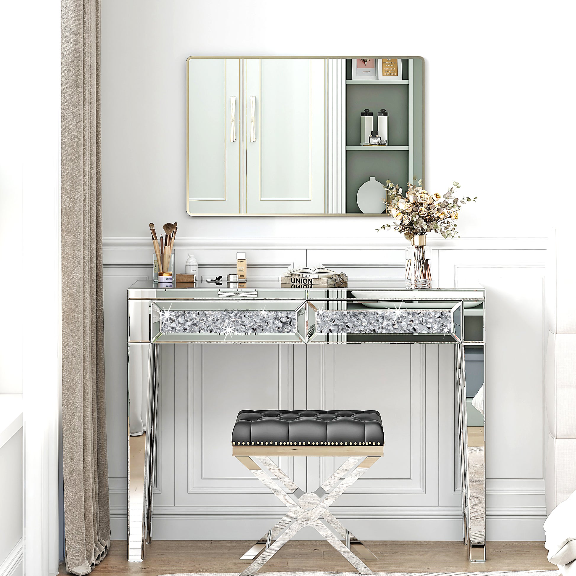 silver glitter dressing table Amazon.com: intahic Mirrored Desk Sparkling Silver Vanity Makeup Table with Crystal Diamond Mirrored Console Table Mirrored Vanity Desk with 2 Drawer for Women Girls Home Office : Beauty & Personal Care