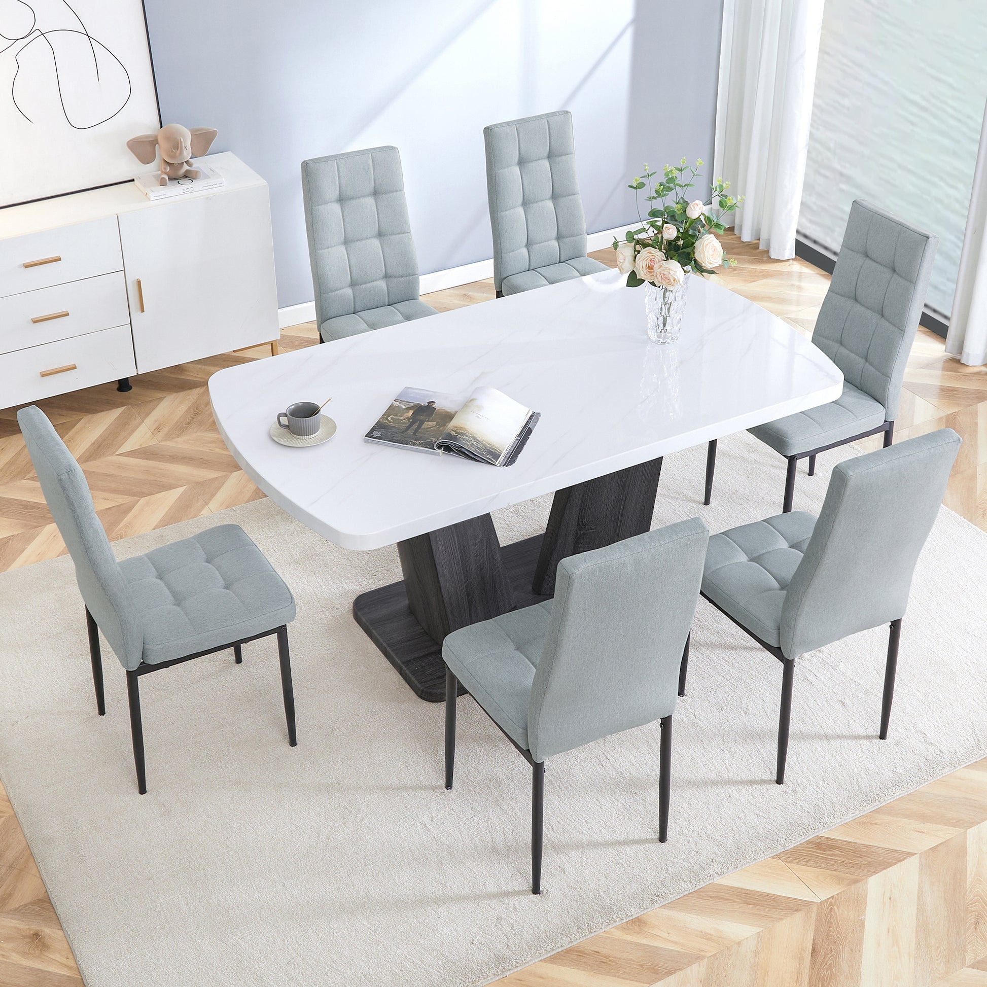 Modern Dining Table Set For 6, 7 Piece Dining Set, 63" Rectangle Kitchen Table With 6 Upholstered Chairs, 1.8" Thickness Tabletop And V Shaped Table Legs, White Faux Marble Dining Set For Kitchen Room Metal White Gray Dining Room Modern Rectangular Mdf