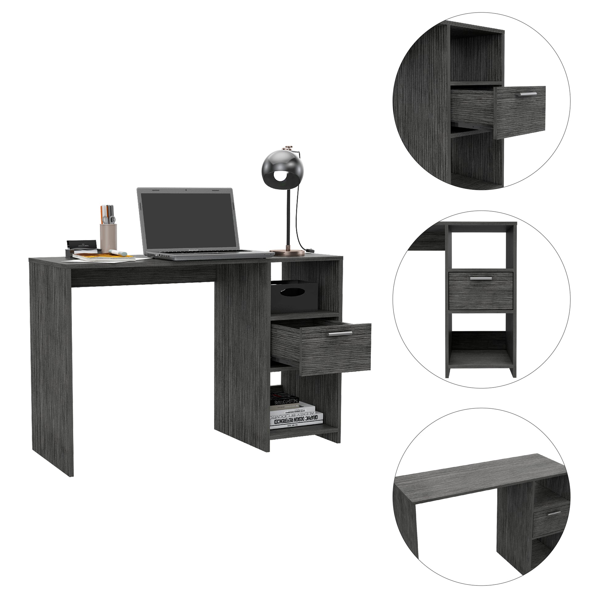 Omma Computer Desk, One Drawer, Two Shelves Grey Computer Desk Office Modern Freestanding Rectangular Open Storage Desk Rectangular Particle Board Engineered Wood