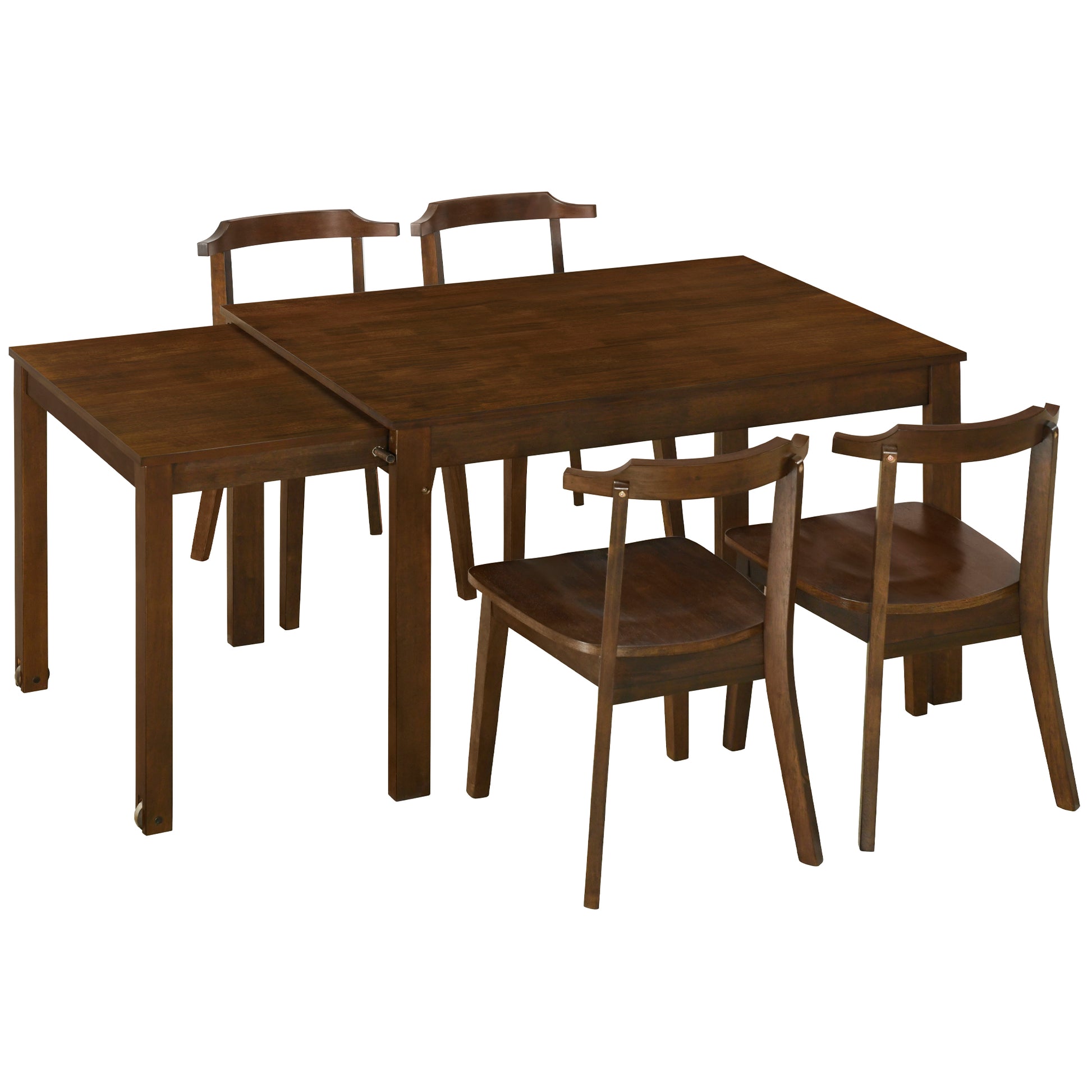 Farmhouse 65" 5 Piece Extendable Dining Table Set With Wheels Kitchen Table Set With 17.7" Pull Out Side Table And Dining Chairs For Small Places, Brown Wood Wood Brown Solid Back Wood Dining Room Solid Wood Rubberwood Rectangular Rectangular Dining