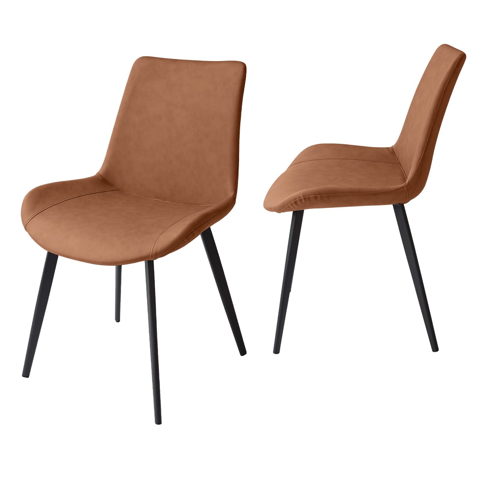 2 Pcs Faux Leather Dining Chairs, Mid Century Modern Leisure Upholstered Chair With Metal Legs For Kitchen Living Room Brown Brown Pu Set Of 2 Carbon Steel Pu Leather