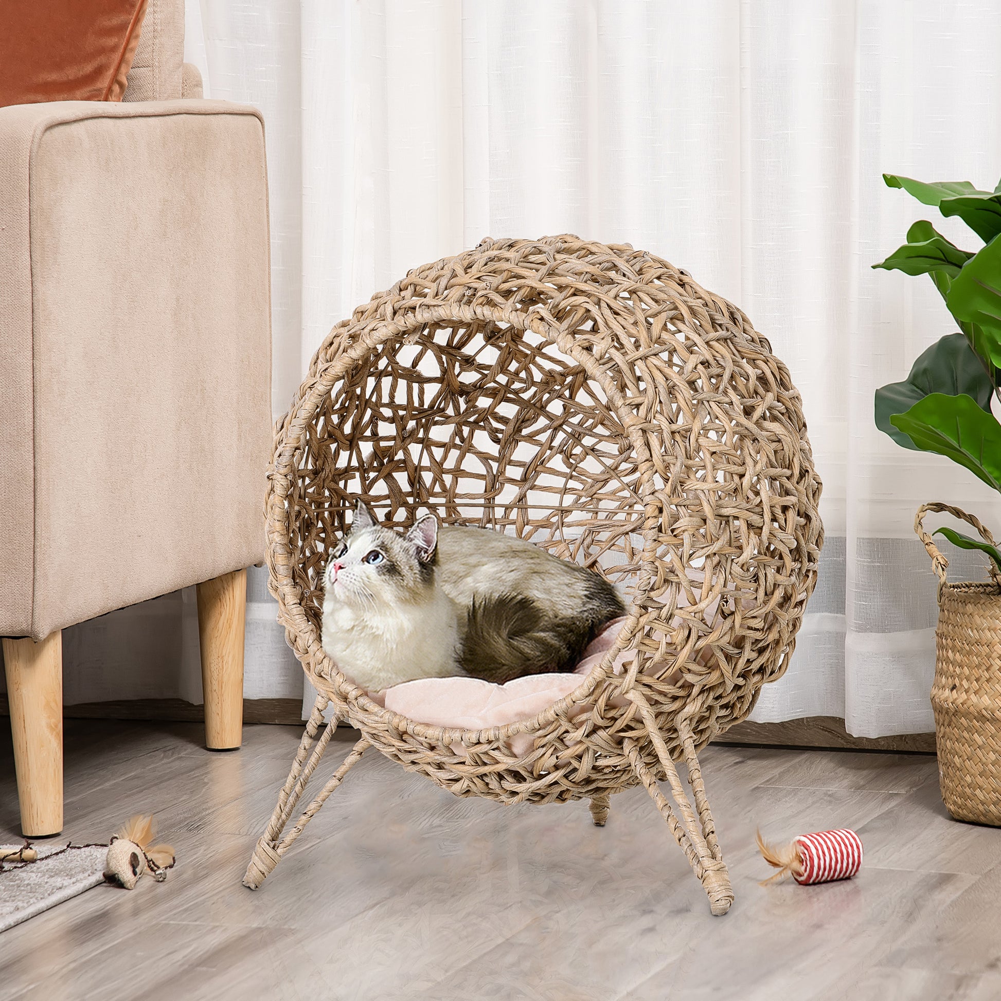 Pawhut 20.5" Weaved Cat Bed, Elevated Hand Woven Braided Banana Leaf Kitten House Condo With Cushion, Beige Beige Rattan