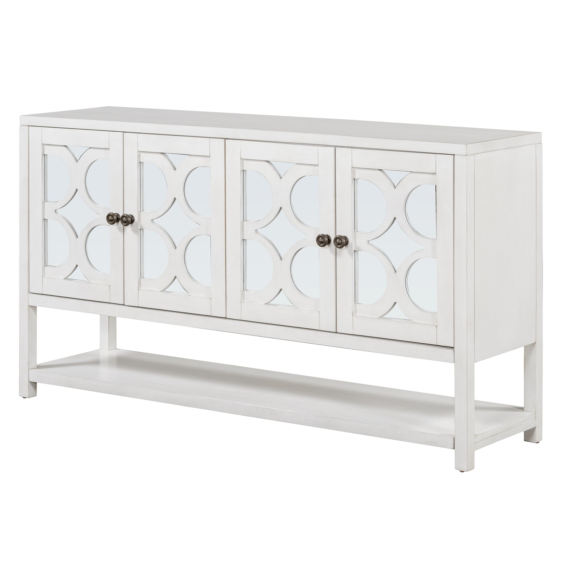 Elegant Retro Console Table Storage Cabinet Sideboard With Mirrored Doors, Spacious Shelves, And Durable Acacia Wood Legs Perfect For Living Room, Dining Room, Or Entryway Antique White Antique White Primary Living Space Solid Wood Mdf