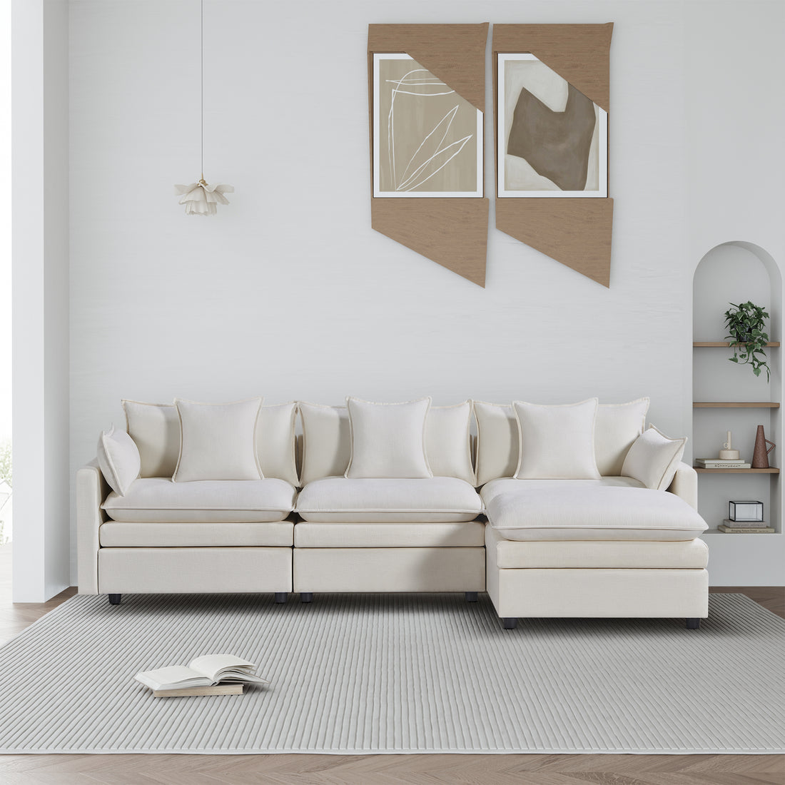 108.66"Modern Chenille L Shaped Sectional Sofa With Convertible Chaise, Comfy Cloud Couch Deep Sectional Sofa With Ottomans For Living Room White Wood Foam Chenille 3 Seat