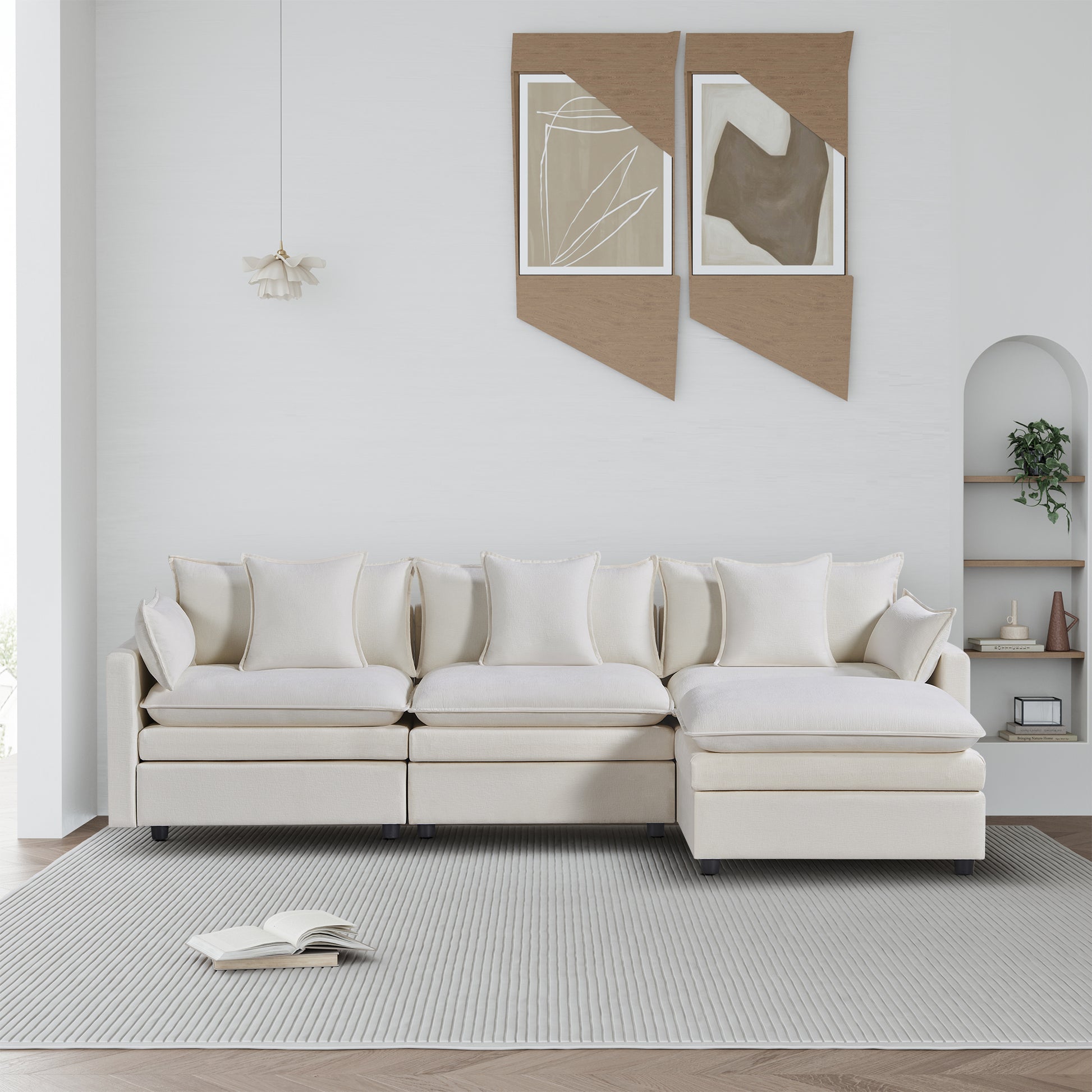 108.66"Modern Chenille L Shaped Sectional Sofa With Convertible Chaise, Comfy Cloud Couch Deep Sectional Sofa With Ottomans For Living Room White Wood Foam Chenille 3 Seat