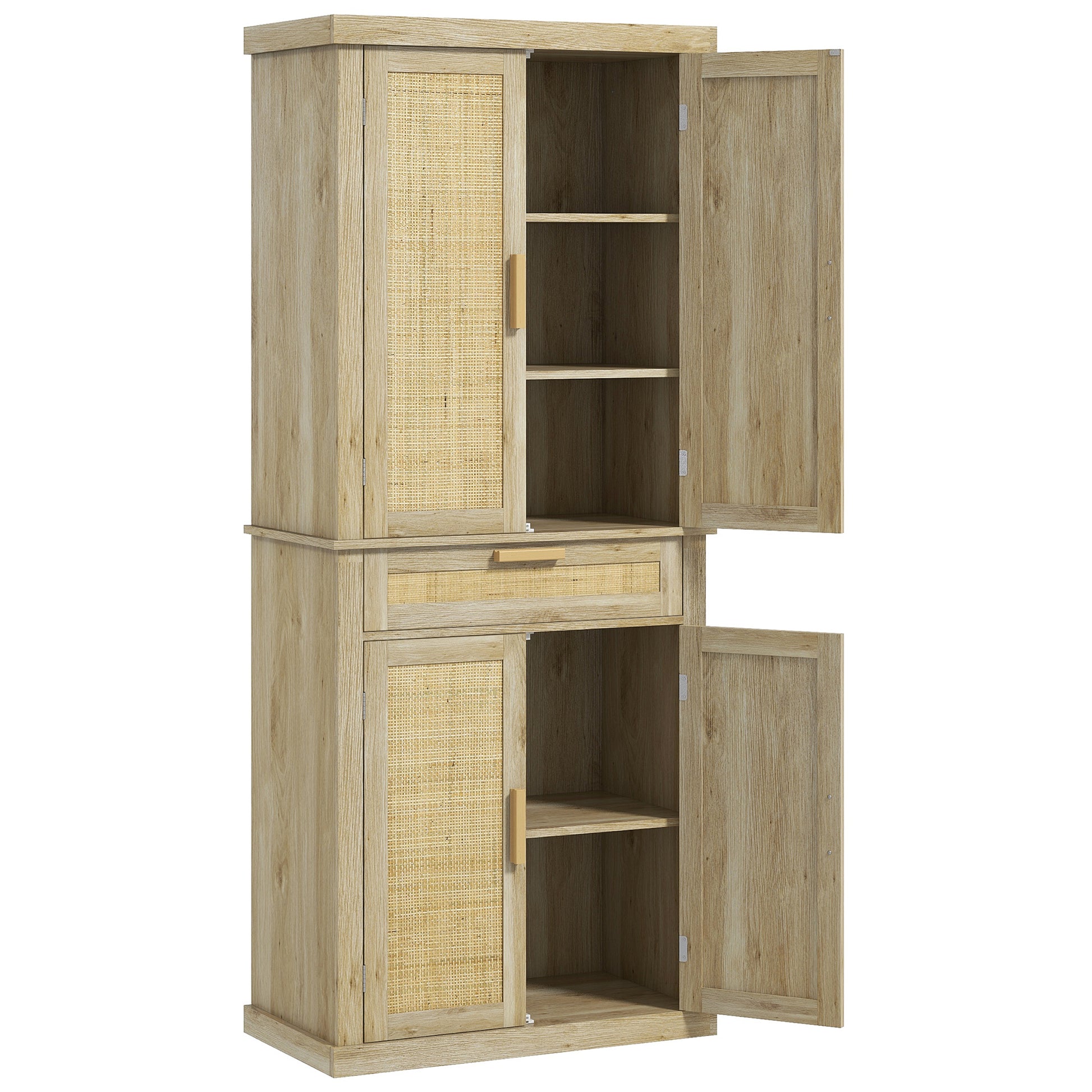 Homcom 72" Tall Pantry Cabinet With Rattan Decorated Panel, Freestanding Boho Kitchen Storage Cabinet With 4 Doors, Drawer, 5 Tier Shelf And Adjustable Shelves, Oak Oak Particle Board