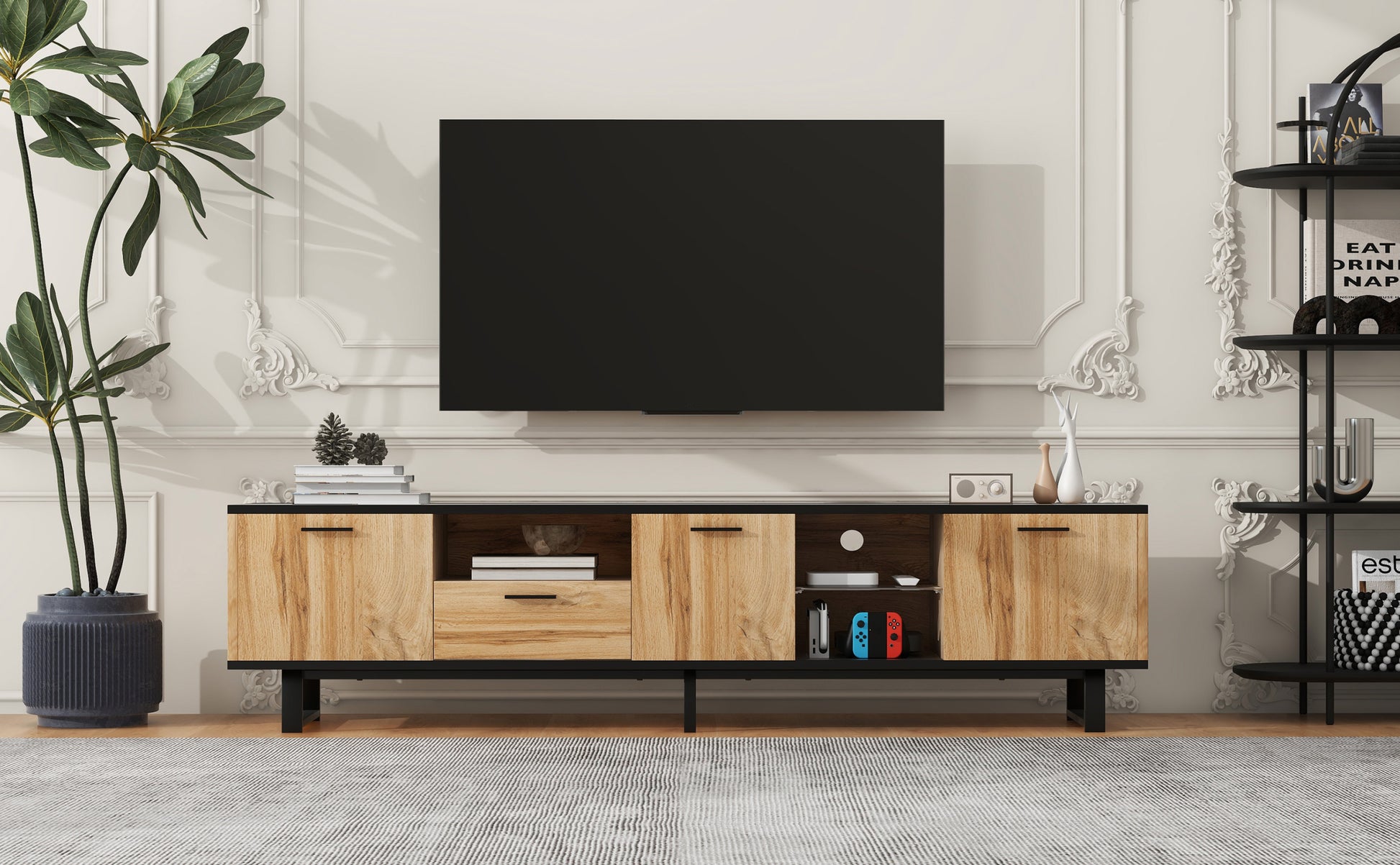 Modern Tv Stand With 4 Cabinets& Open Shelves, Color Matching Media Console Table For Tvs Up To 80'', Entertainment Center With Drop Down Door For Living Room, Bedroom, Home Theatre Wood Brown Primary Living Space 70 79 Inches 70 79 Inches Modern 65