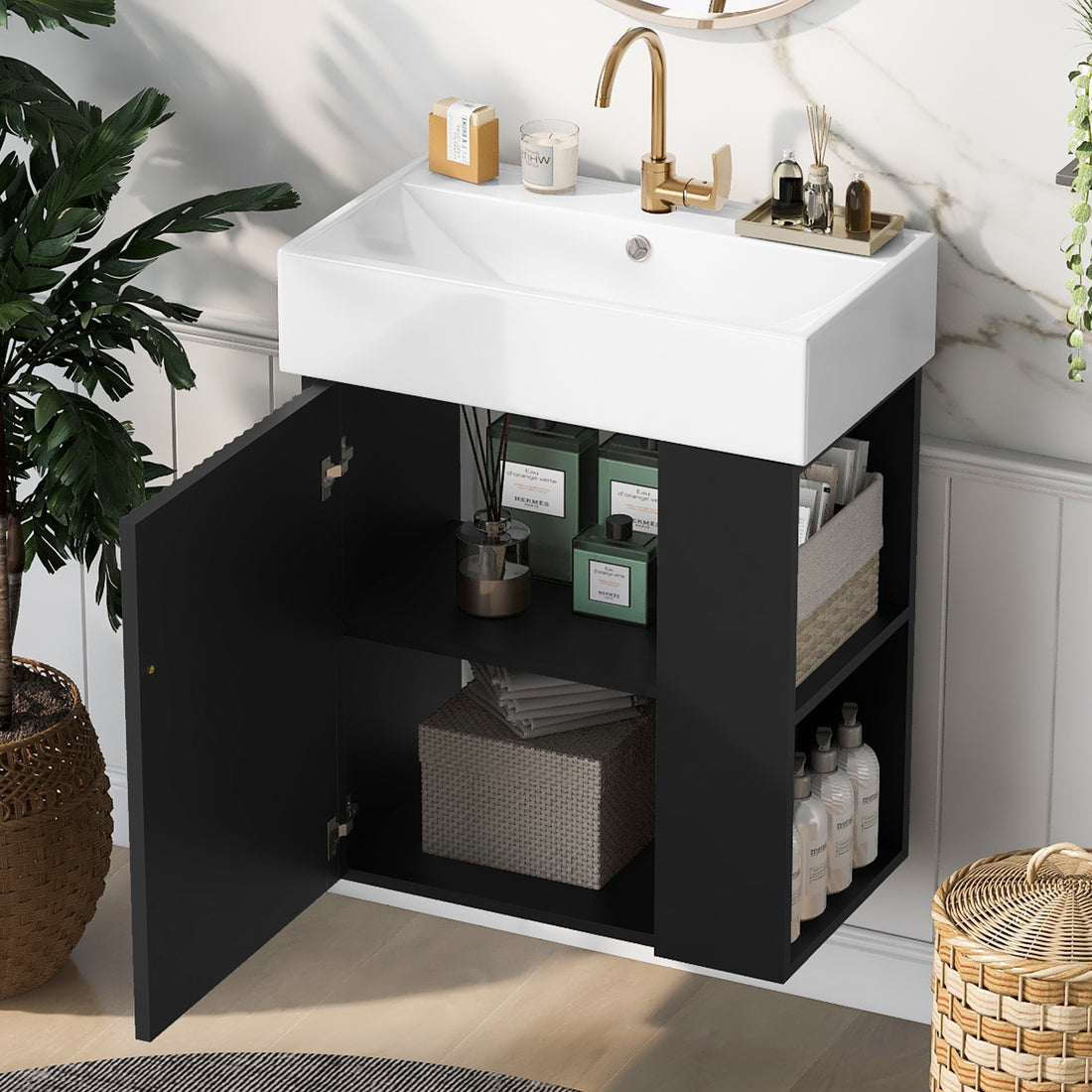 Video 21.6 Inch Modern Floating Bathroom Vanity With Ceramic Basin Perfect For Small Bathrooms, Right Side Storage Black Bathroom Ceramic Mdf