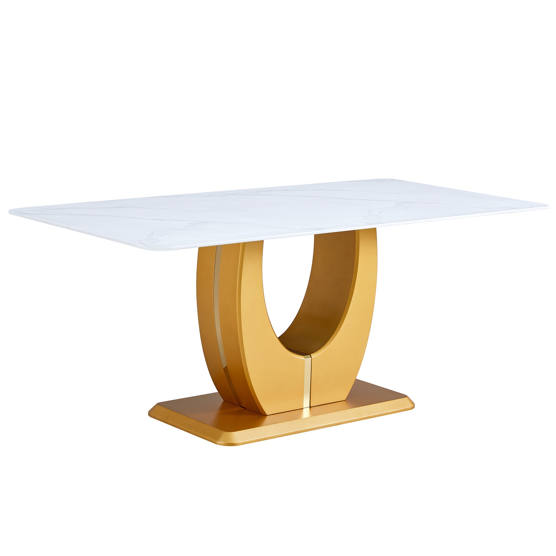 Modern Simple Luxury White Imitation Marble Decorative Glass Dining Table, Golden Legs, Rectangular Desk. A Computer Desk. Games Table, Dining Room, Living Room, Terrace, Kitchen. Gold White Mdf