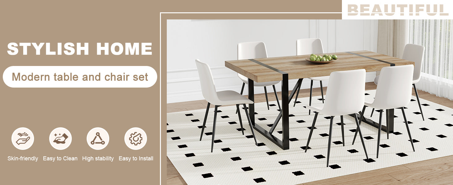 Table And Chair Set, Textured Top In Vintage Wood Color, Black Metal Legs. Dining Chair With White Faux Leather Backrest Cushion With Black Metal Legs. Wood Seats 6 Mdf Metal