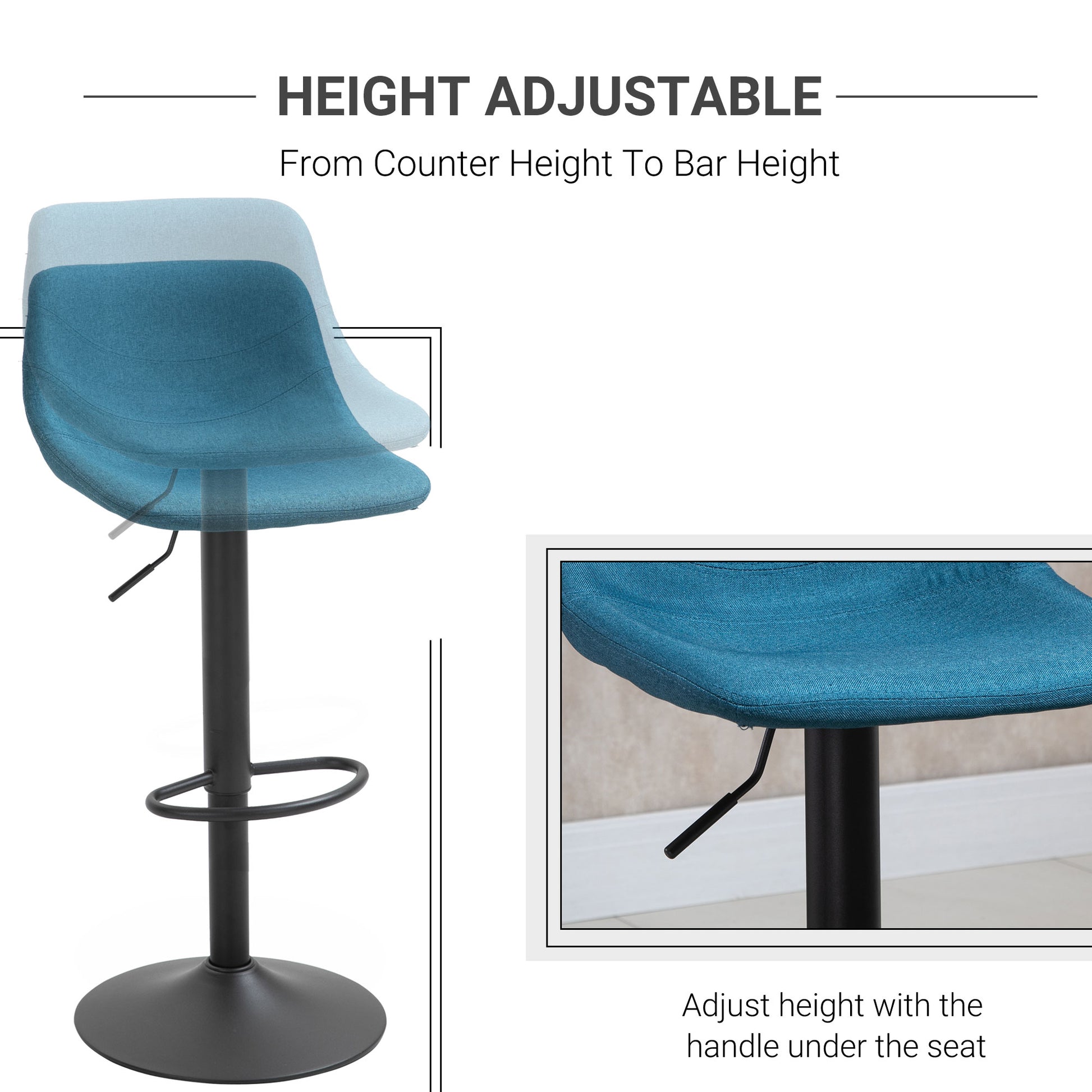 Homcom Adjustable Bar Stools, Swivel Bar Height Chairs Barstools Padded With Back For Kitchen, Counter, And Home Bar, Set Of 2, Blue Blue Metal