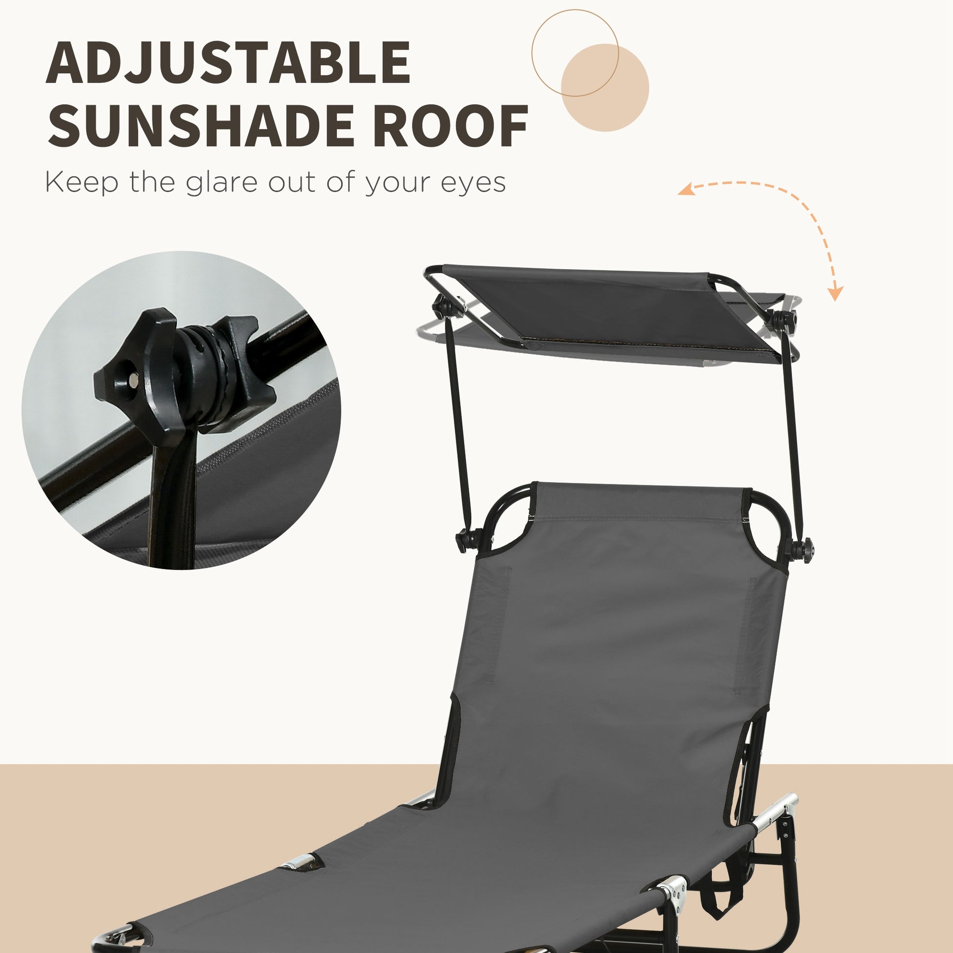 Outsunny Folding Chaise Lounge Pool Chairs, Outdoor Sun Tanning Chairs With Canopy Shade, Reclining Back, Steel Frame And Side Pocket For Beach, Yard, Patio, Dark Gray Dark Grey Steel