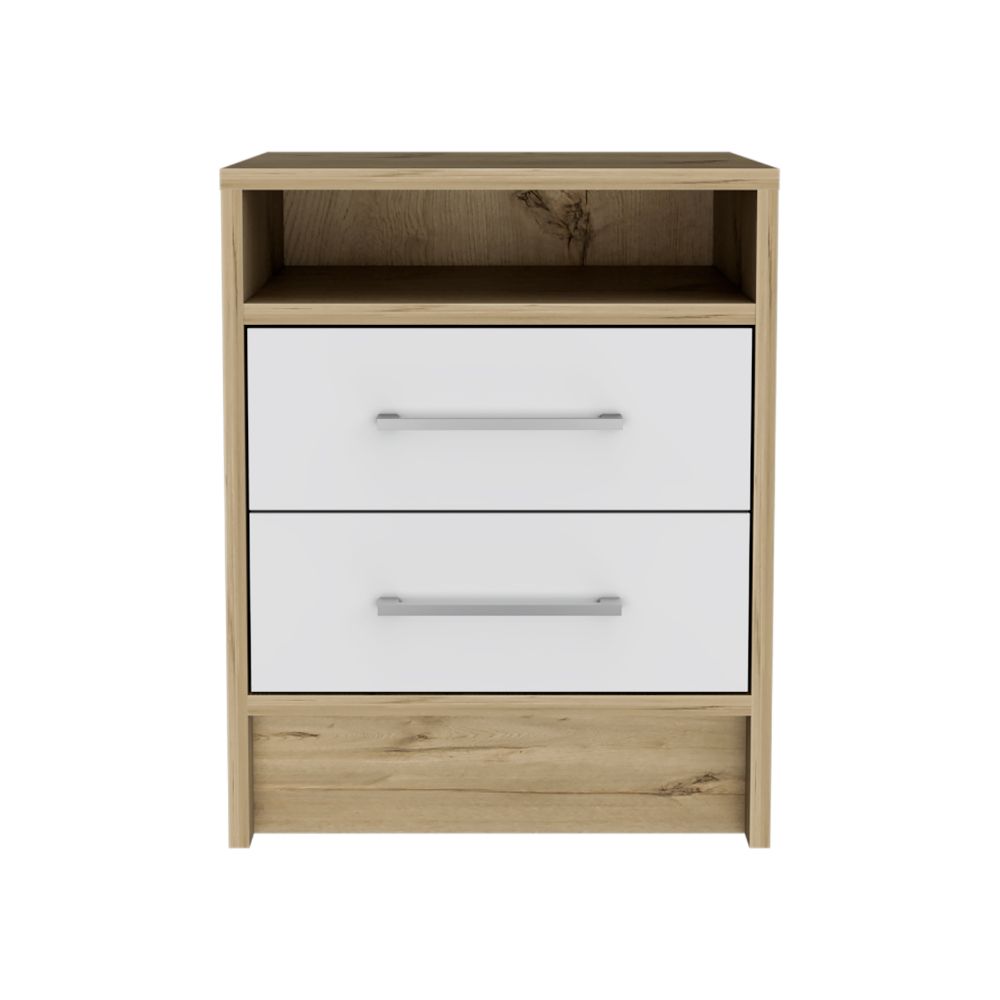 Nightstand 20"H, Two Drawers, Superior Top, Metal Handles, White Light Oak Multicolor Particle Board Particle Board