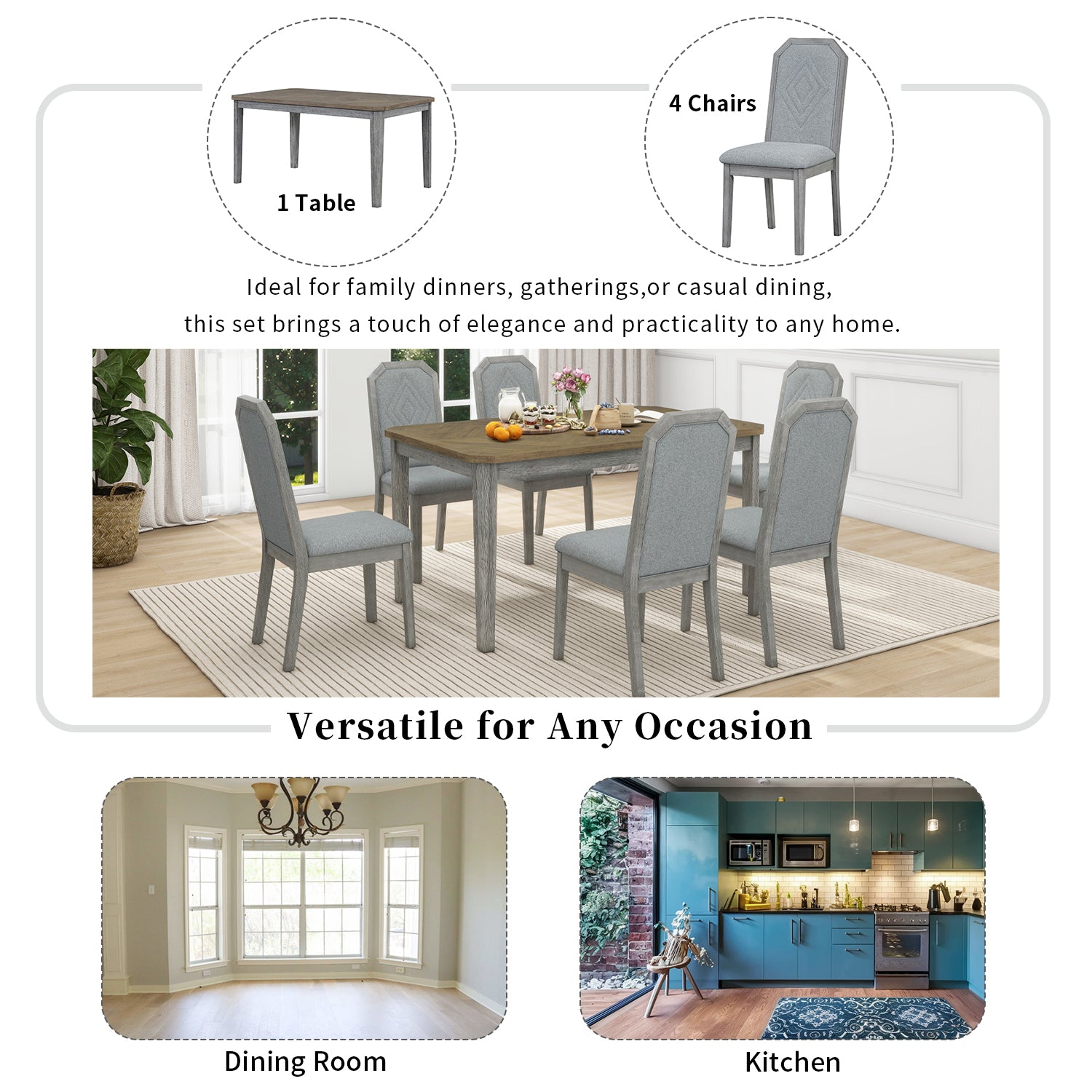 7 Piece Farmhouse Dining Set Classic Rustic Table And 6 High Back Design Chairs For Dining Room, Kitchen Brown Gray Brown Gray Solid Wood Mdf