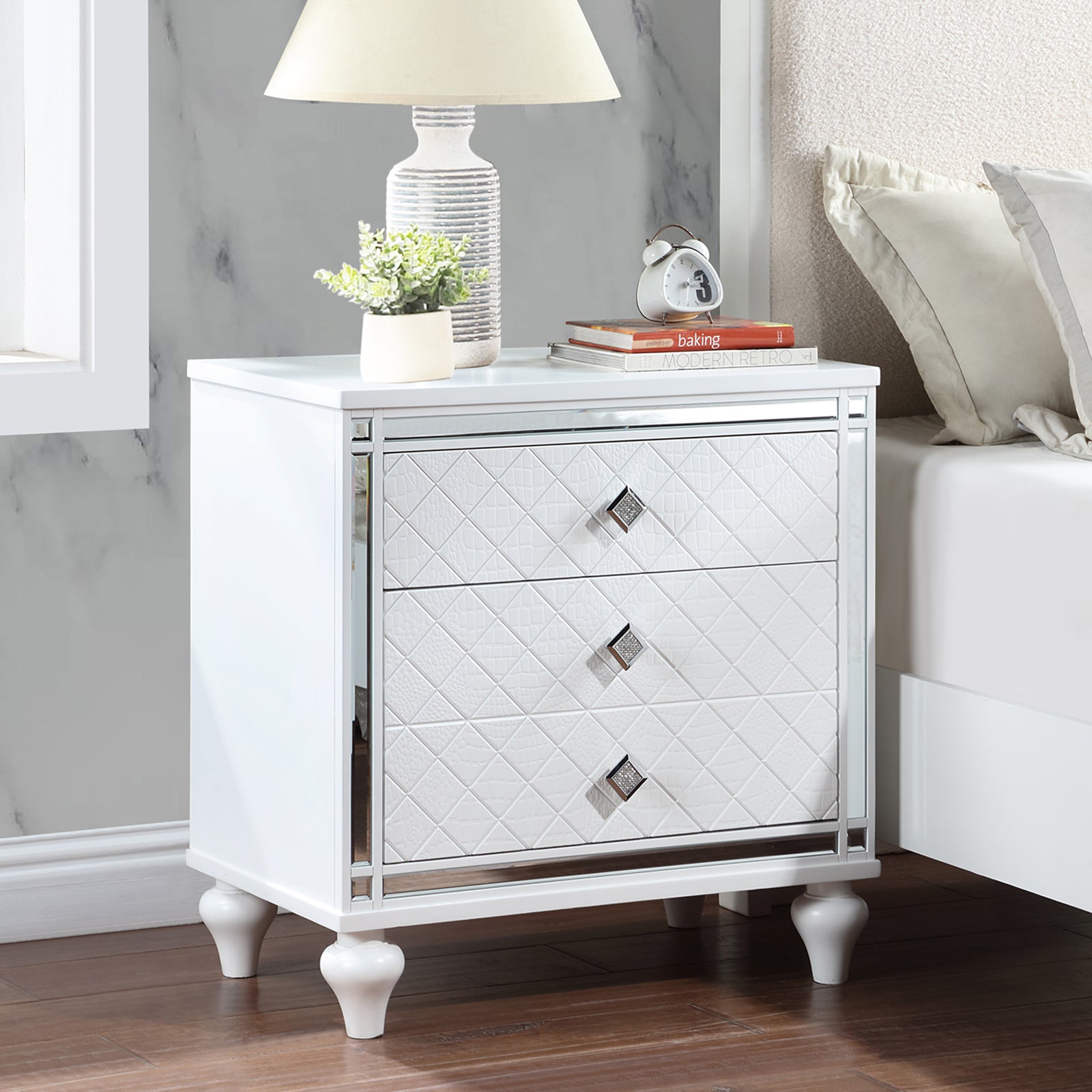 Contemporary Nightstands With Mirror Frame Accents, Bedside Table With Two Drawers And One Hidden Drawer, End Table With Crystal Pull For Living Room,Bedroom, White White 3 Drawers Solid Wood Mdf