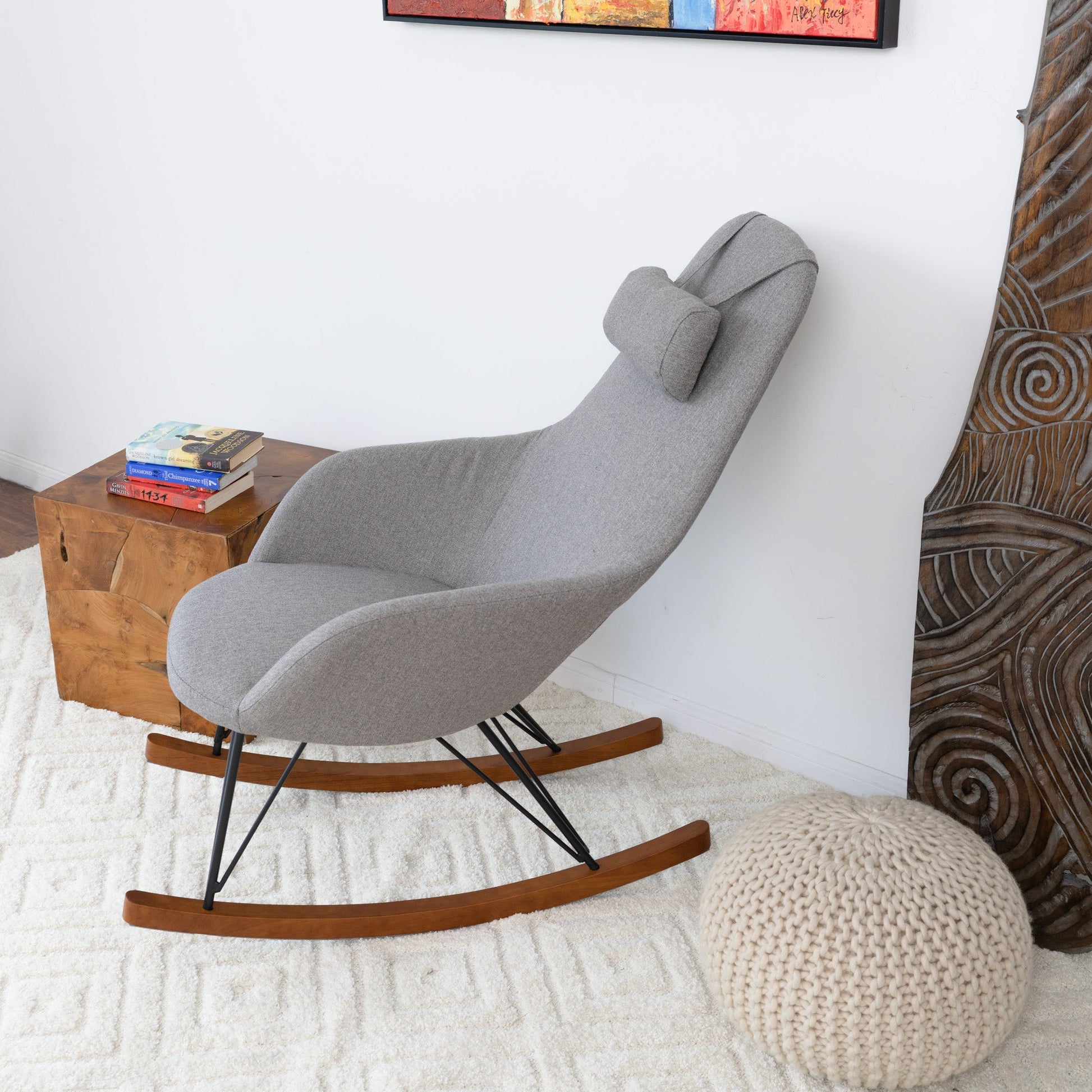 Chloe Mid Century Modern Rocker Livingroom And Bedroom Chair Brown,Gray,Light Gray Brown Primary Living Space Mid Century Modern Linen,Solid Wood