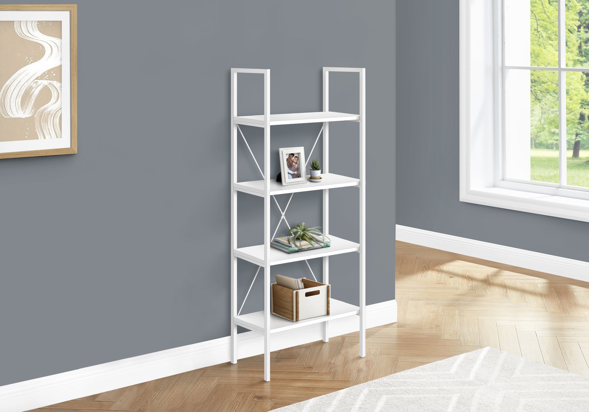 Bookshelf, Bookcase, 4 Tier, 48"H, Office, Bedroom, White Laminate, White Metal, Contemporary, Modern White Particle Board