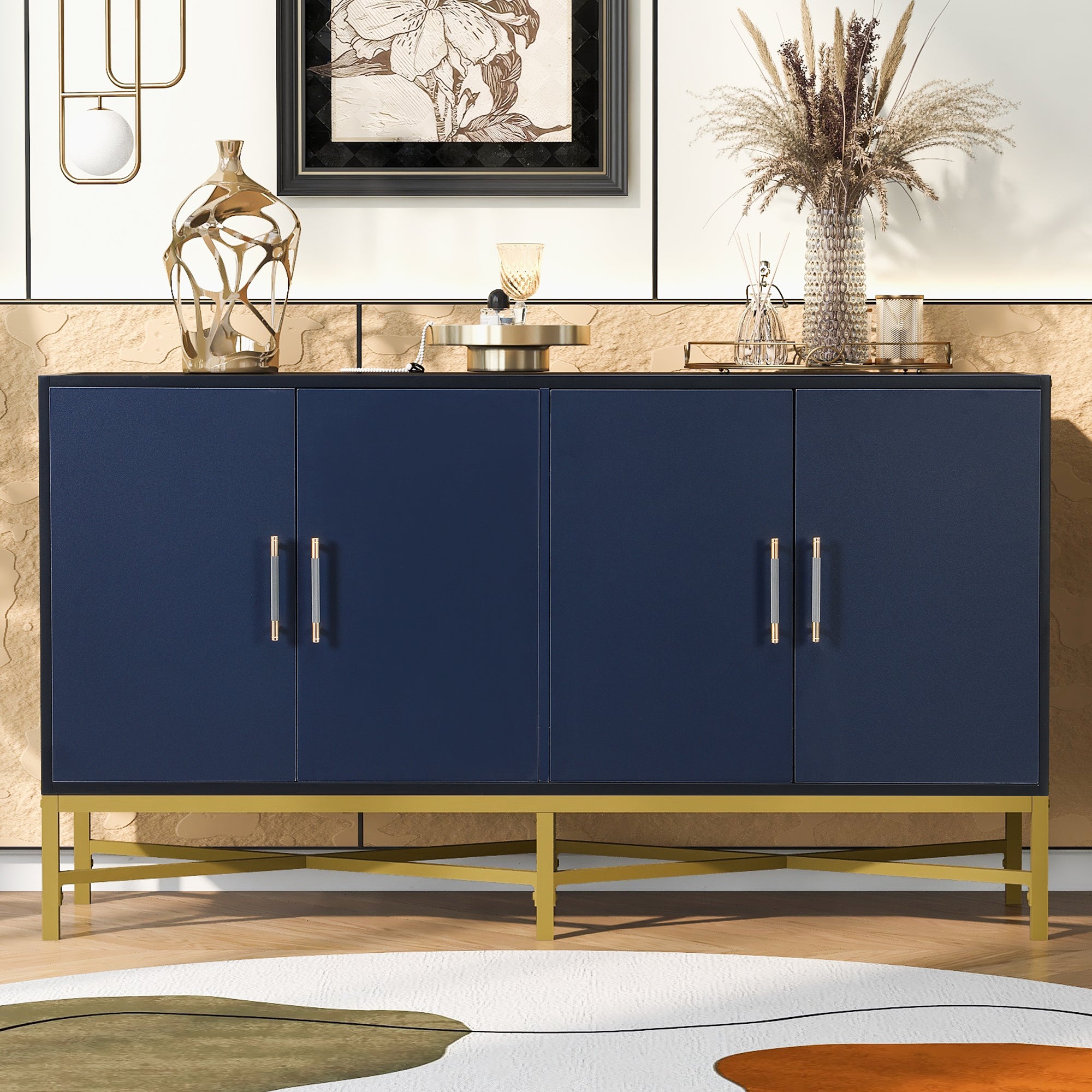 Distinctive Features Of Four Door Sideboard With Metal And Cross Leg Design,Suitable For Living Rooms,Entrance And Study Navy Blue American Design Mdf