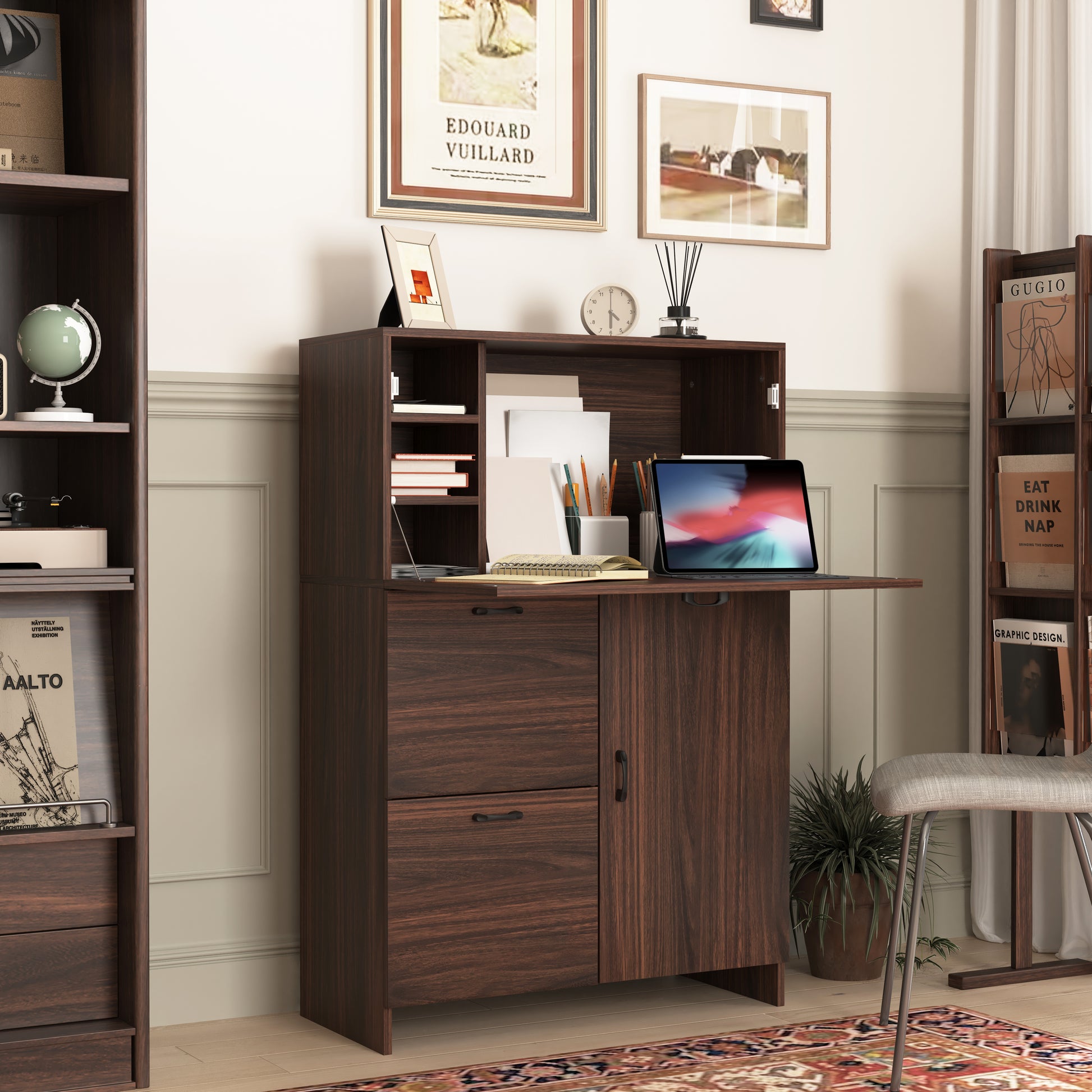 Desk Cabinet, With Storage Drawer & Shelves, Fold Up Desktop, Ideal For Home, Office, Dormitory, Small Spaces W31.49"Xd13.78"Xh47.2" Walnut Particle Board