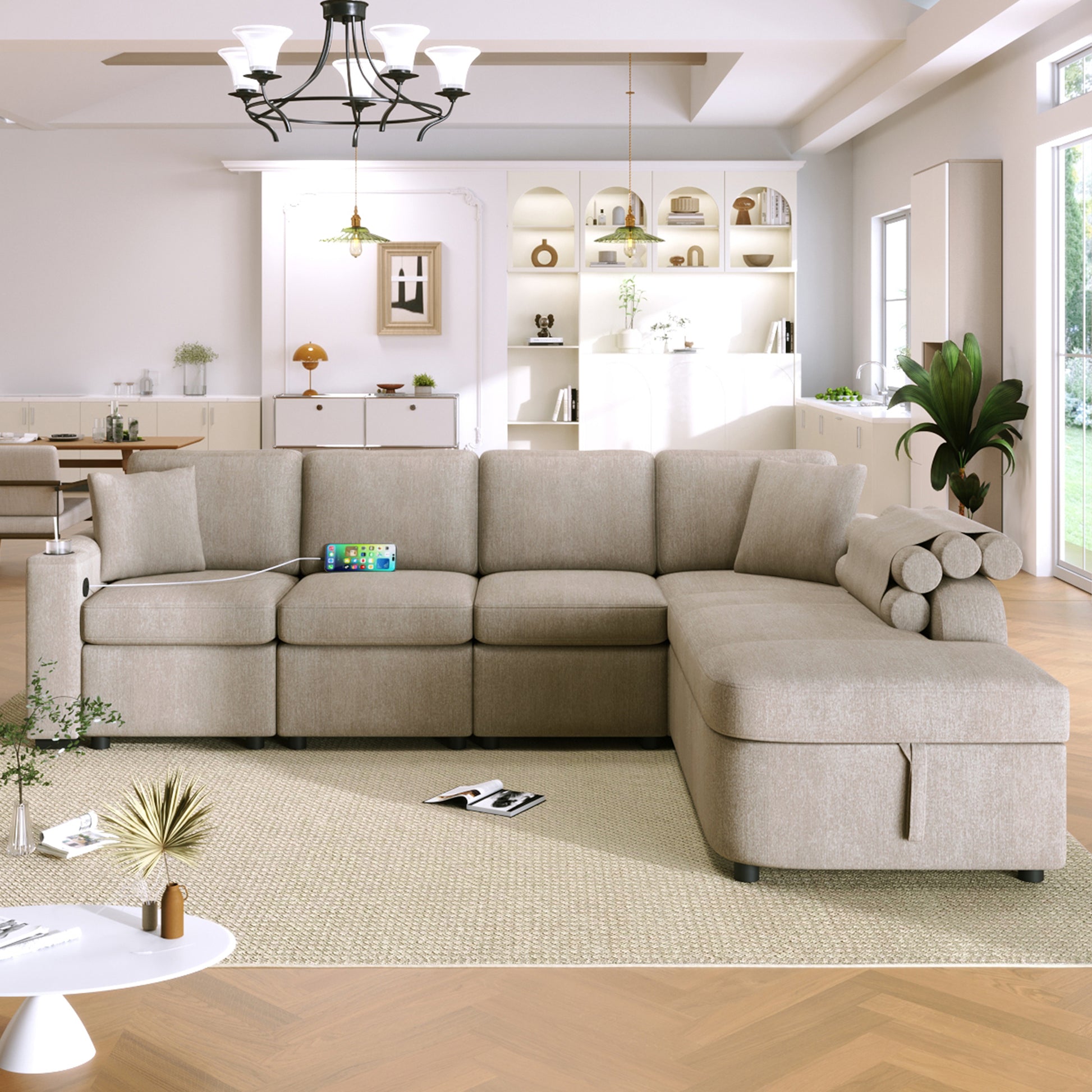 109.8"L Shaped Couch Sectional Sofa With Storage Chaise,Cup Holder And Usb Ports For Living Room, Beige Beige Foam Chenille 4 Seat