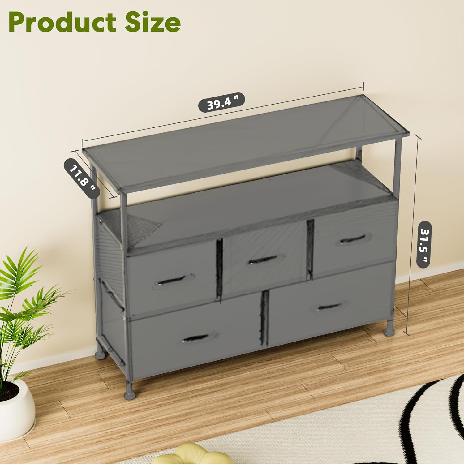 Tv Stand Dresser For Bedroom Entertainment Center With 5 Fabric Drawers, Storage Organizers Units For Living Room, Media Console Table With Open Shelf Up For 45" Tv, Gray, Wood Top Gray Wood