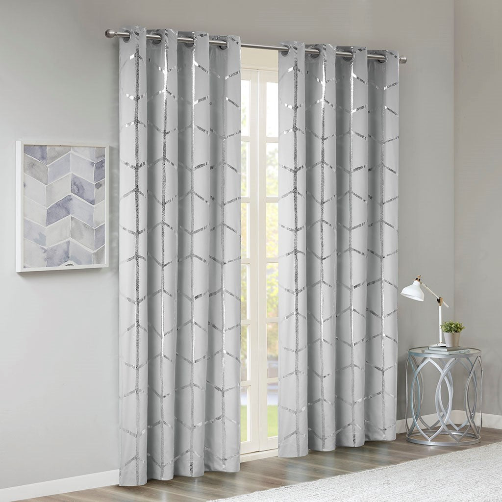 Total Blackout Metallic Print Grommet Top Curtain Panel Pair 2 Pcs Window Panels Grey Silver Microfiber