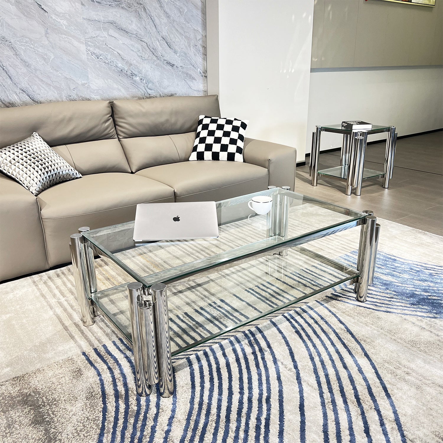 Silver Stainless Steel Double Layer Clear Tempered Glass End Table For Bed Room, Living Room Silver Clear Modern Square Stainless Steel,Tempered Glass