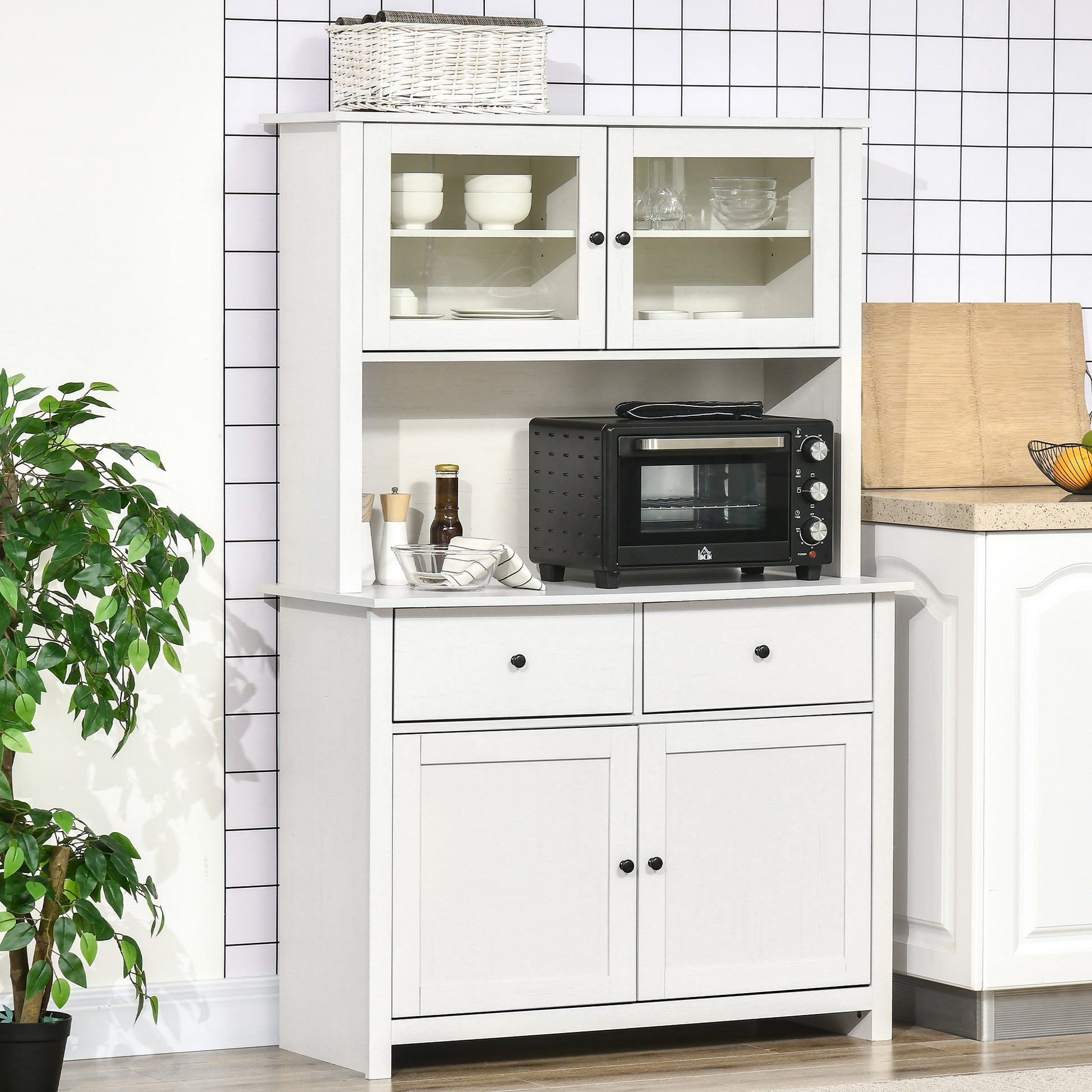 Homcom 63.5" Kitchen Buffet With Hutch, Pantry Storage Cabinet With 4 Shelves, Drawers, Framed Glass Doors, Open Microwave Countertop, Antique White Antique White Wood