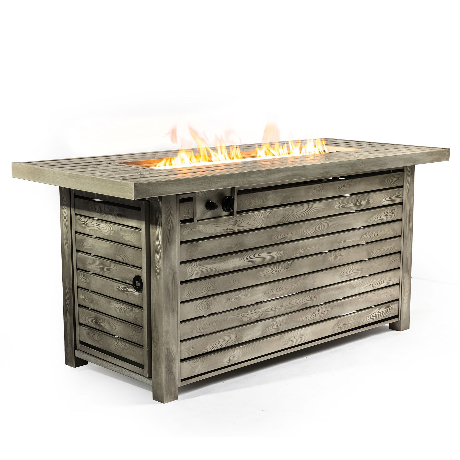 54Inch Outdoor Fire Table Steel Fire Pit Table With Wood Grain Surface Light Beige Steel