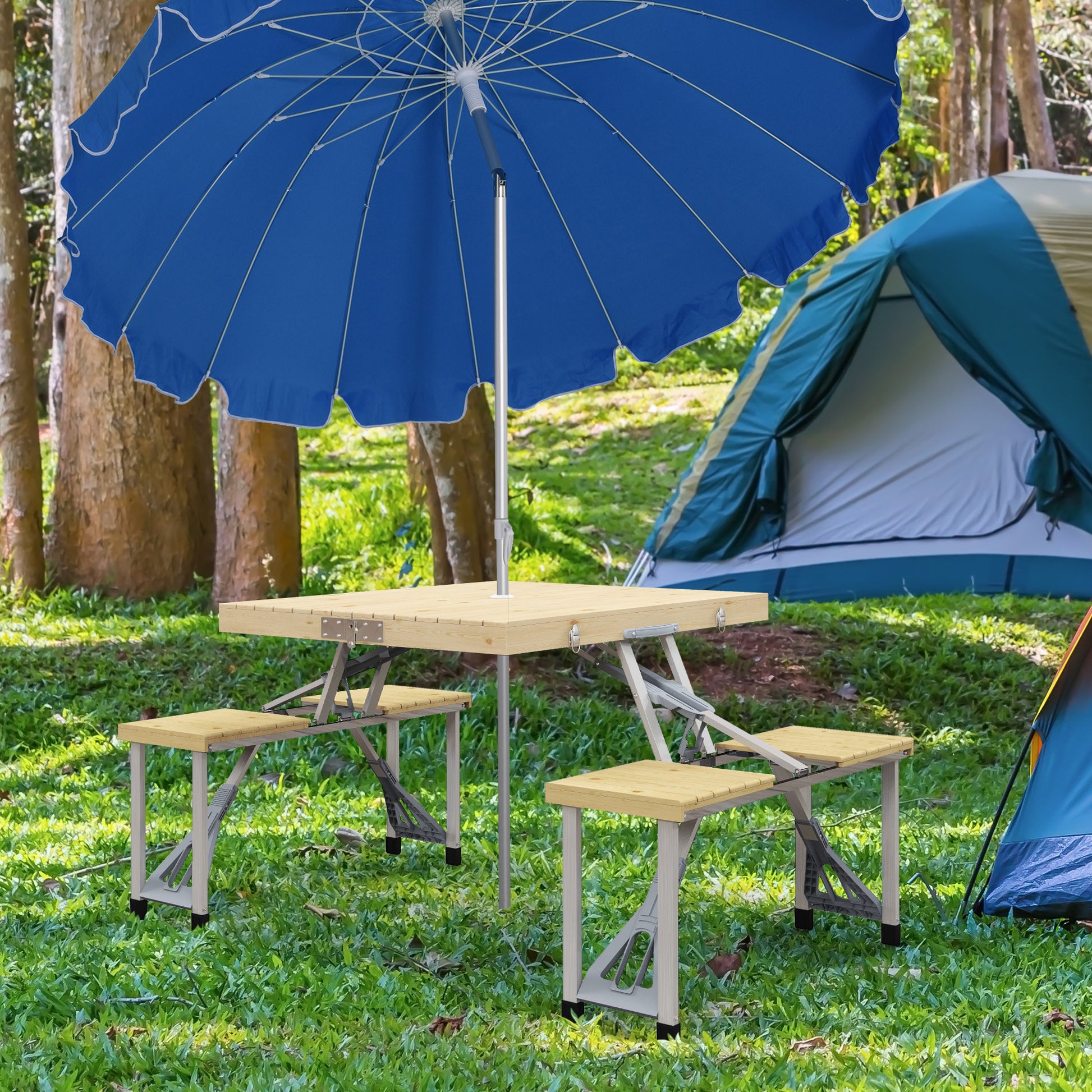 Outsunny Folding Picnic Table With Seats And Umbrella Hole, Aluminum Frame Camping Table And Chairs Set, Portable For Patio, Yard, Porch, Beach, Bbq Natural Wood Wood