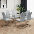 Modern Simple Rectangular Glass Dining Table, Solid Tempered Glass Tabletop, Electroplated Table Legs, Gray Pu Dining Chair Set, Suitable For Restaurant Kitchen Use Set Of 7 Upholstered Chair Glass Gray Pu Seats 6 Metal Rectangular Dining Table With