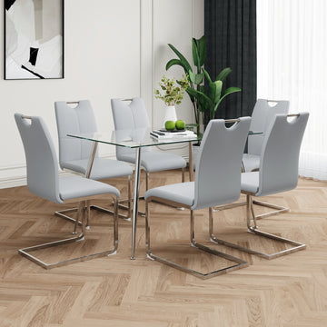 Modern Simple Rectangular Glass Dining Table, Solid Tempered Glass Tabletop, Electroplated Table Legs, Gray Pu Dining Chair Set, Suitable For Restaurant Kitchen Use Set Of 7 Upholstered Chair Glass Gray Pu Seats 6 Metal Rectangular Dining Table With