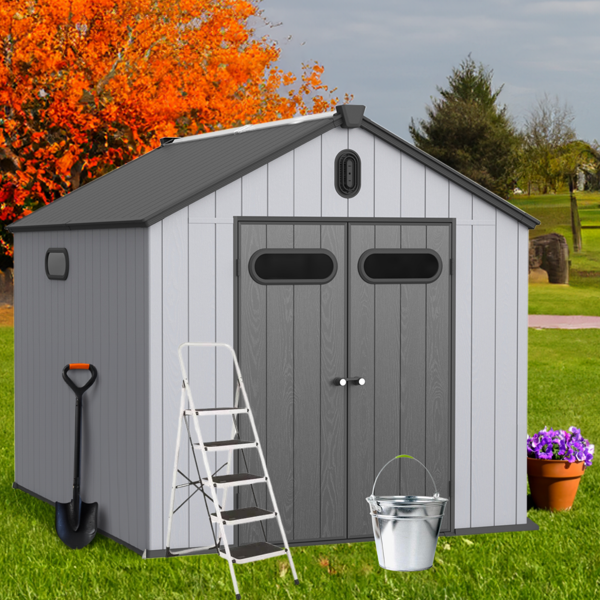 Xwt013 1 8*10Ft Plastic Storage Shed For Backyard Garden Big Spire Tool Storage Black Grey Garden & Outdoor Plastic