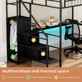 Full Size Metal Loft Bed With L Shaped Desk, Led Lights, Charging Cradle, Led Loft Bed Frame, Full Size Bed With One Cabinet Wardrobe And 2 Fabric Drawers, Safety Rails And Ladder, Black Black
