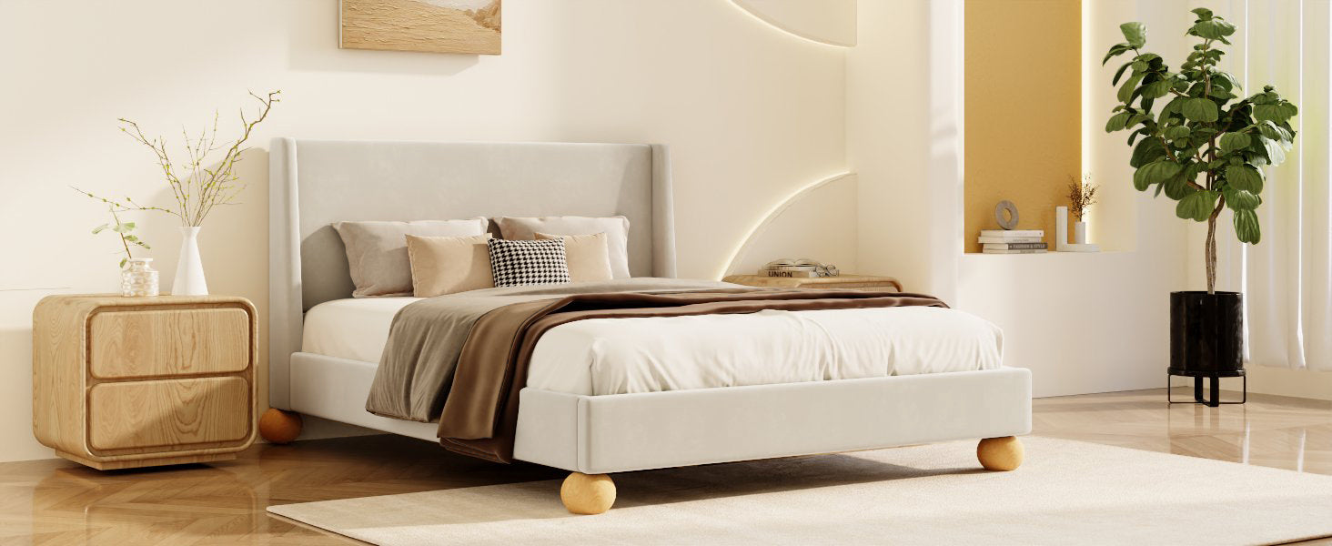 Modern Velvet Upholstered Platform Bed With Wingback Headboard And Round Wooden Legs, Cream,Queen Size Box Spring Not Required Queen Cream Wood Bedroom Modern Bed Frame Velvet Wood