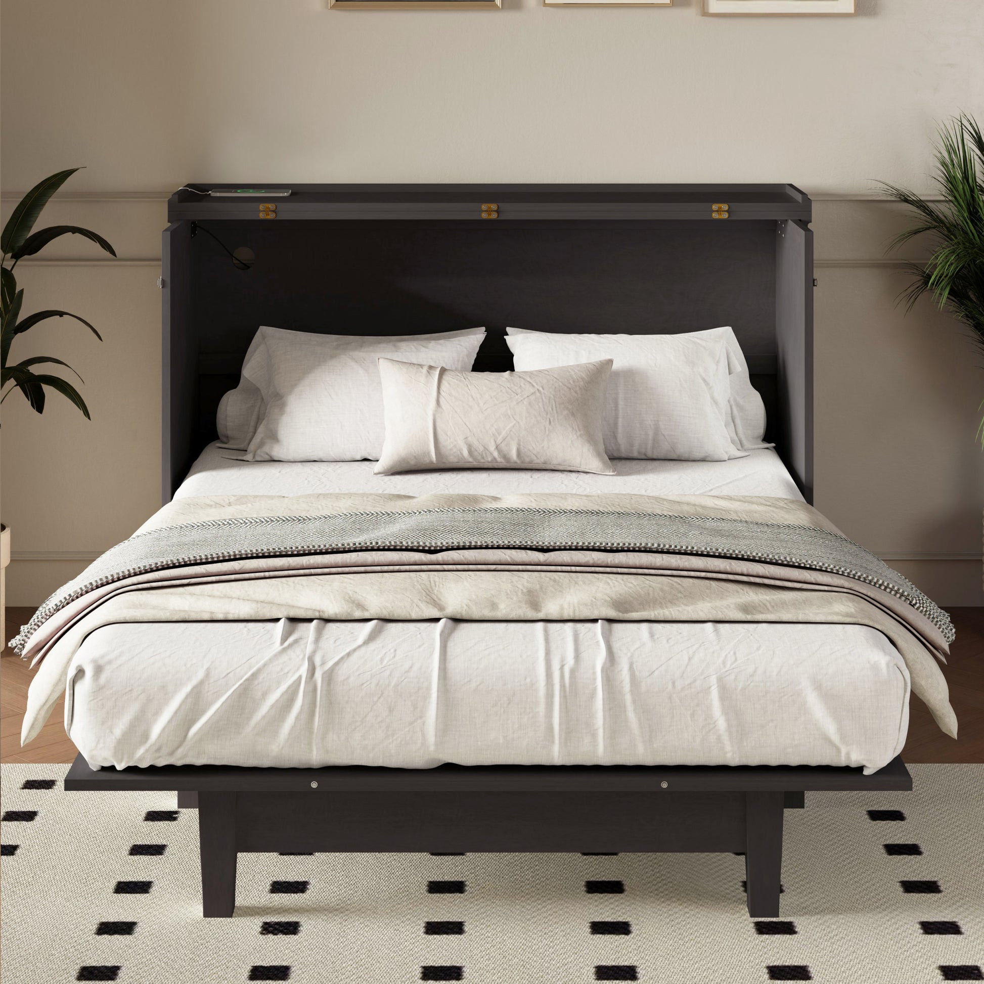 Solid Pine Murphy Bed Chest Cube Cabinet Bed With Charging Station And Large Storage Drawer For Home Office Or Small Room,Full,Gray Box Spring Not Required Full Gray Wood Gray Pine Murphy Solid Wood Mdf