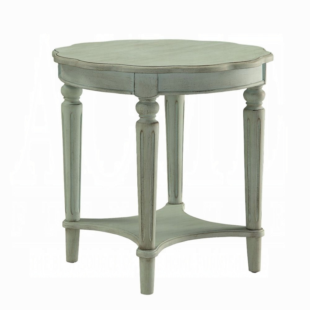 Antique Green End Table With Shelf Green Primary Living Space Shelves Round Solid Wood Mdf