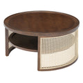 2 Tiered Round Walnut Wood Coffee Table With Storage Rattan Base In 31.3'' Walnut Rubber Wood