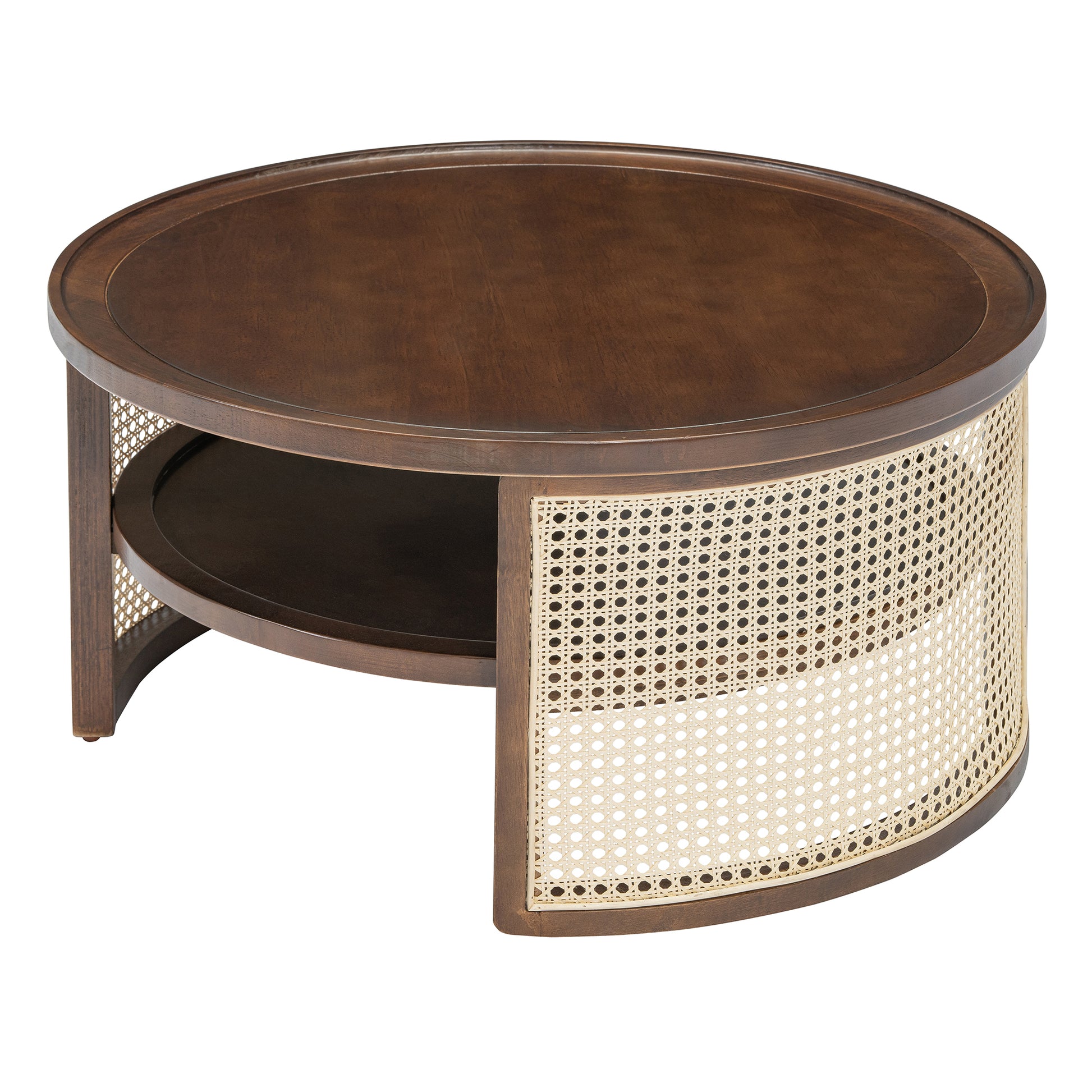 2 Tiered Round Walnut Wood Coffee Table With Storage Rattan Base In 31.3'' Walnut Rubber Wood