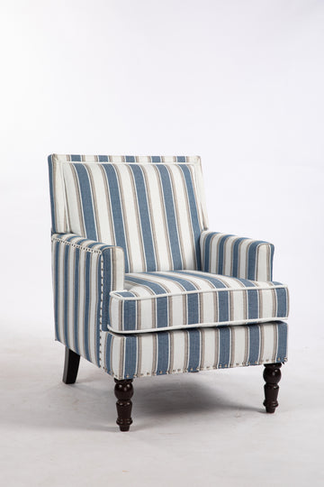 Upholstered Accent Chair, Vintage Armchair With Blue And White Striped Linen Fabric And Trim For Living Room Blue Cotton