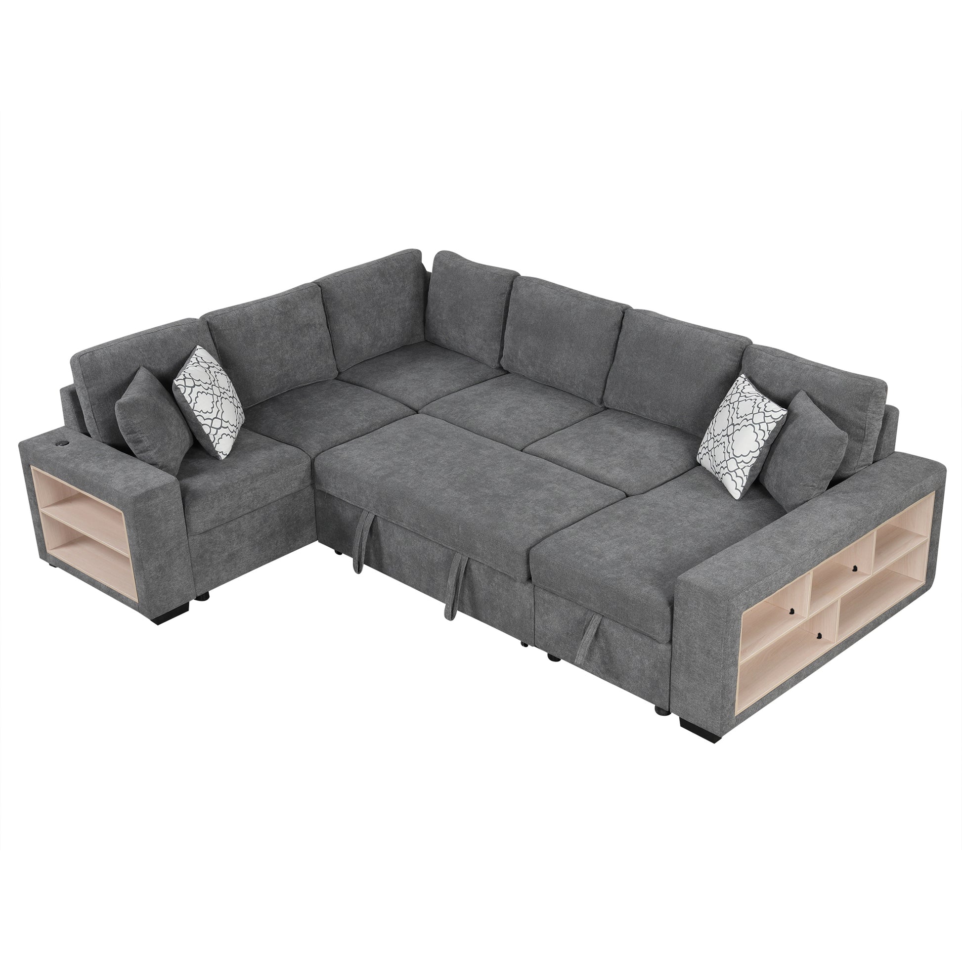 109" U Shaped Sectional Sofa Pull Out Sofa Bed With Two Usb Ports, A Storage Chaise Lounge And Four Back Pillows For Living Room, Grey Grey Foam Chenille 5 Seat